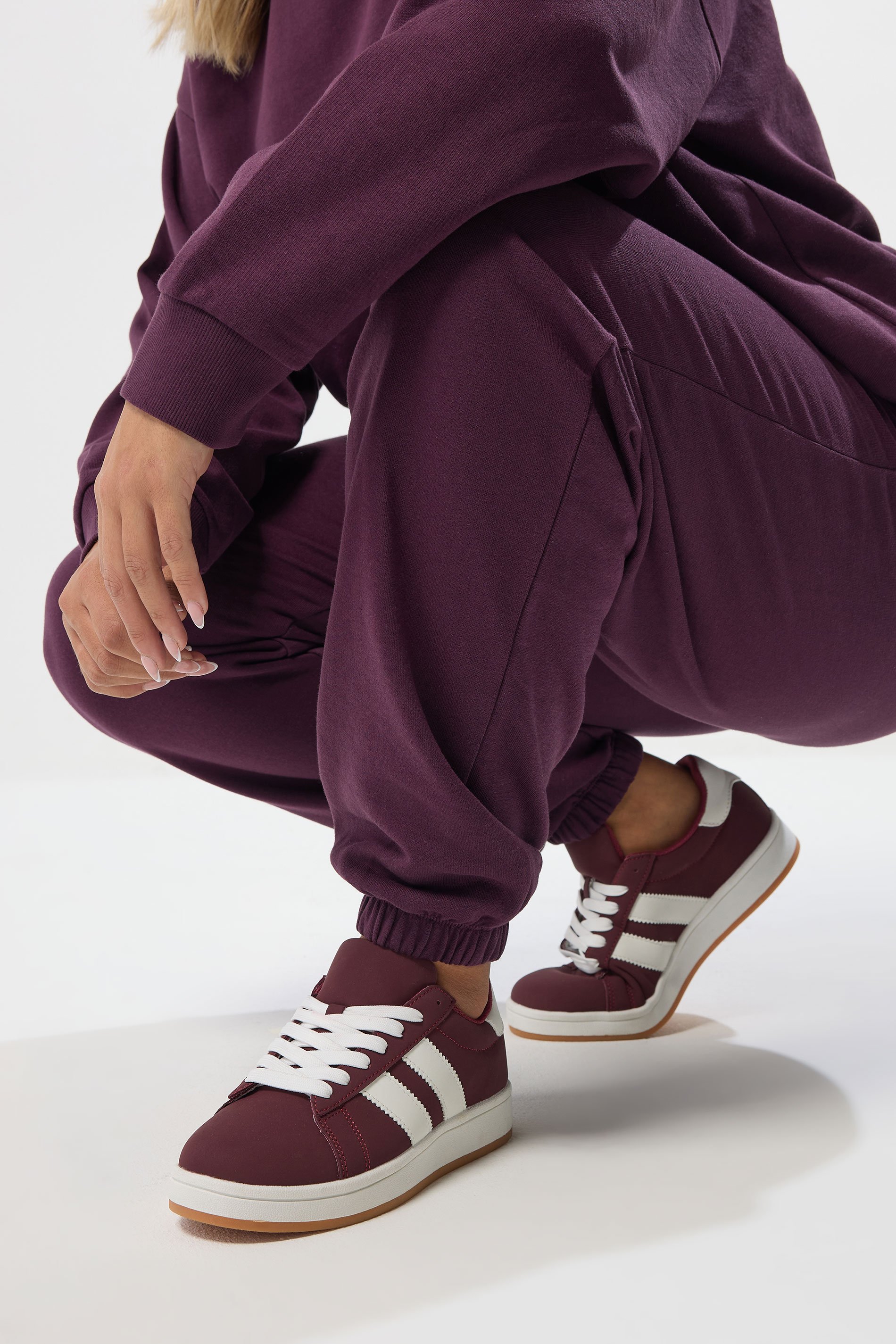 Burgundy Red Padded Lace Up Trainers In Wide E Fit | Yours Clothing 1