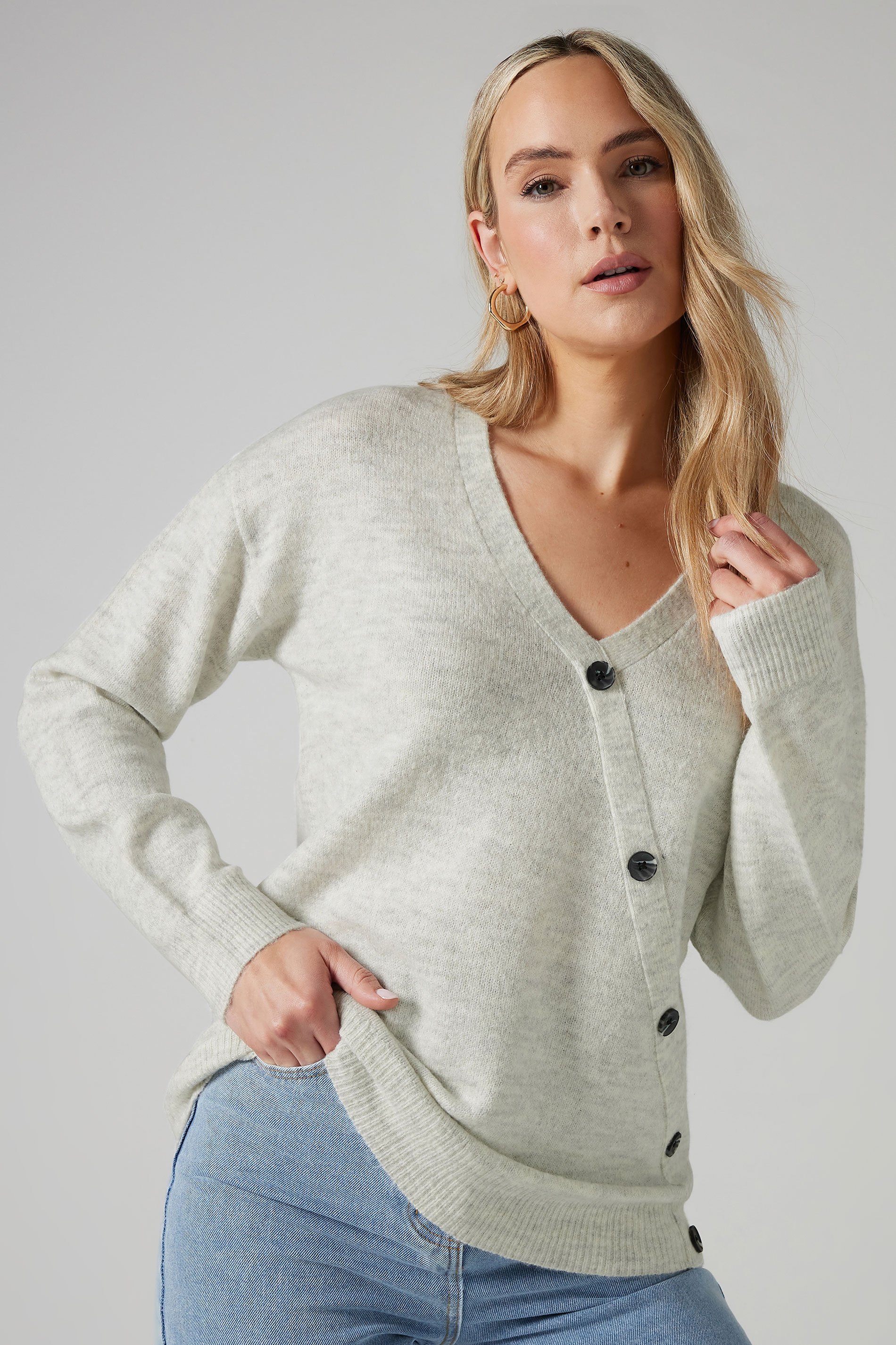 LTS Tall Grey Marl Knit Wrap Button Jumper | Long Tall Sally 2