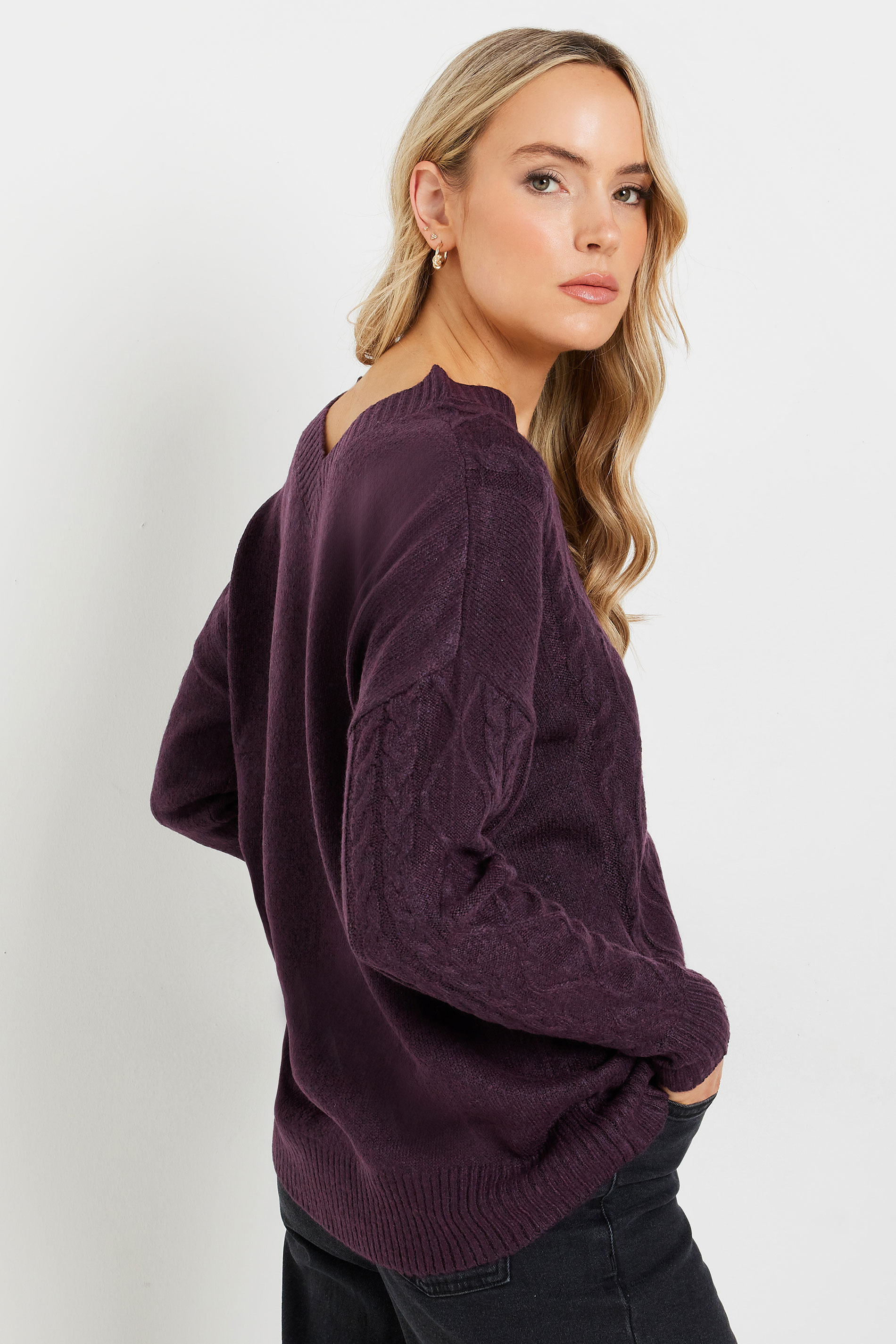 LTS Tall Dark Purple Cable Knit V-Neck Jumper | Long Tall Sally 4