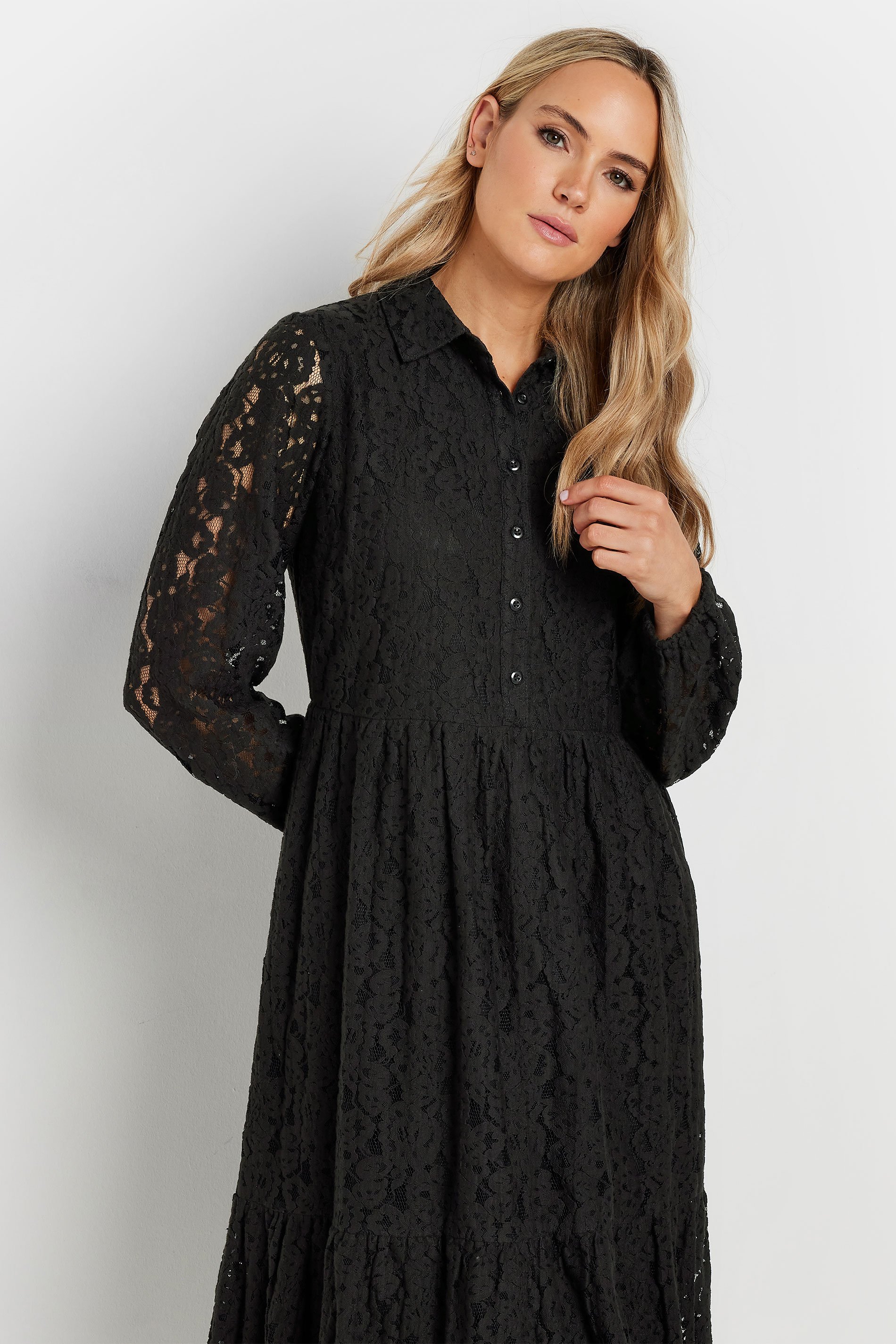 LTS Tall Black Lace Tiered Midi Dress | Long Tall Sally