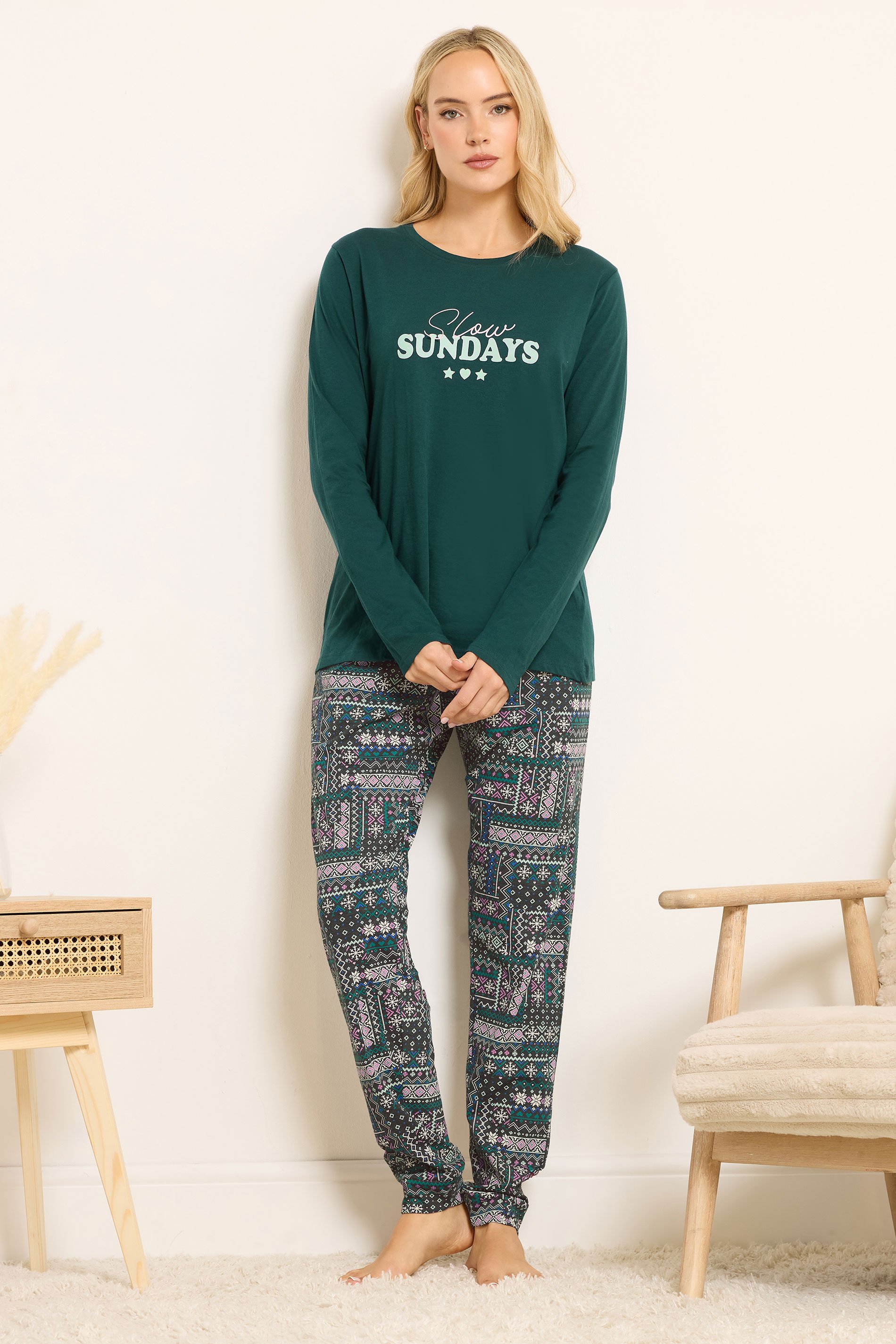 LTS Tall Green Fairisle Print Cuffed Pyjama Set | Long Tall Sally 2