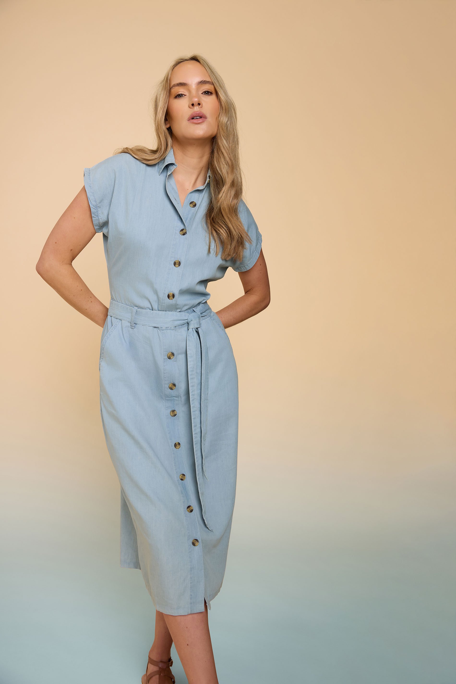 LTS Tall Blue Denim Belt Tie Midi Dress | Long Tall Sally 1
