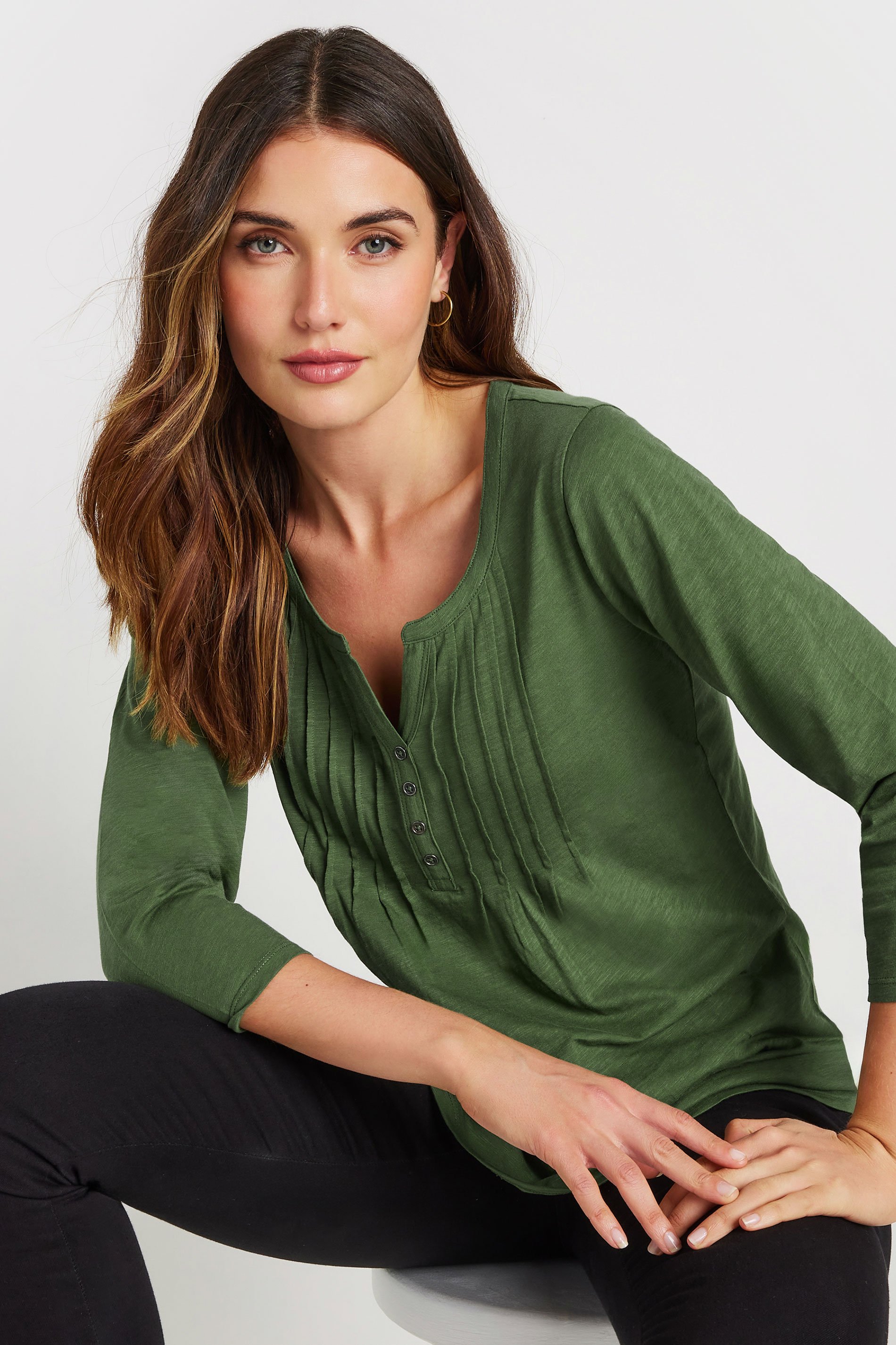 LTS Tall 2 PACK Khaki Green & Dark Pink Henley Tops | Long Tall Sally 2