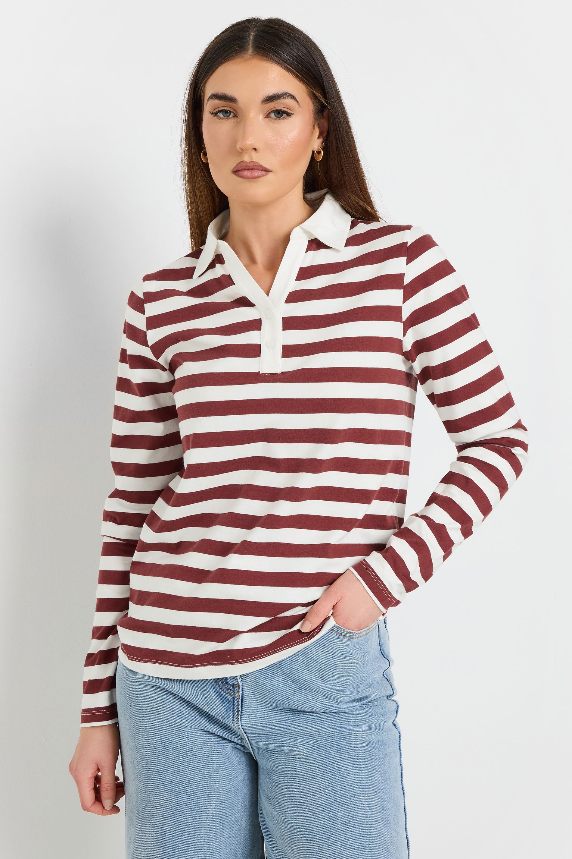 LTS Tall Burgundy Red Stripe Placket Polo Top | Long Tall Sally 2