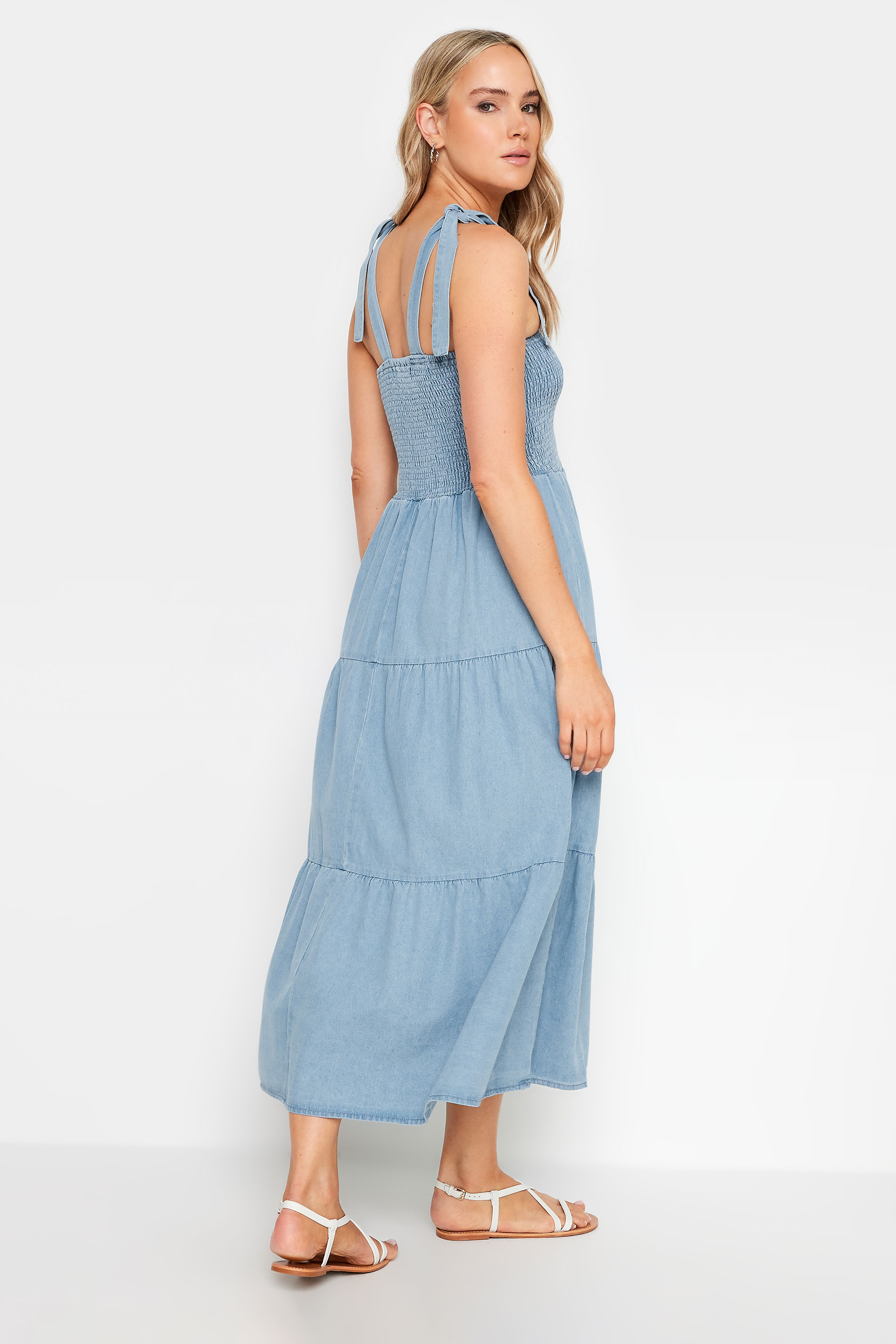 LTS Tall Women's Blue Denim Shirred Tiered Midi Dress | Long Tall Sally 3