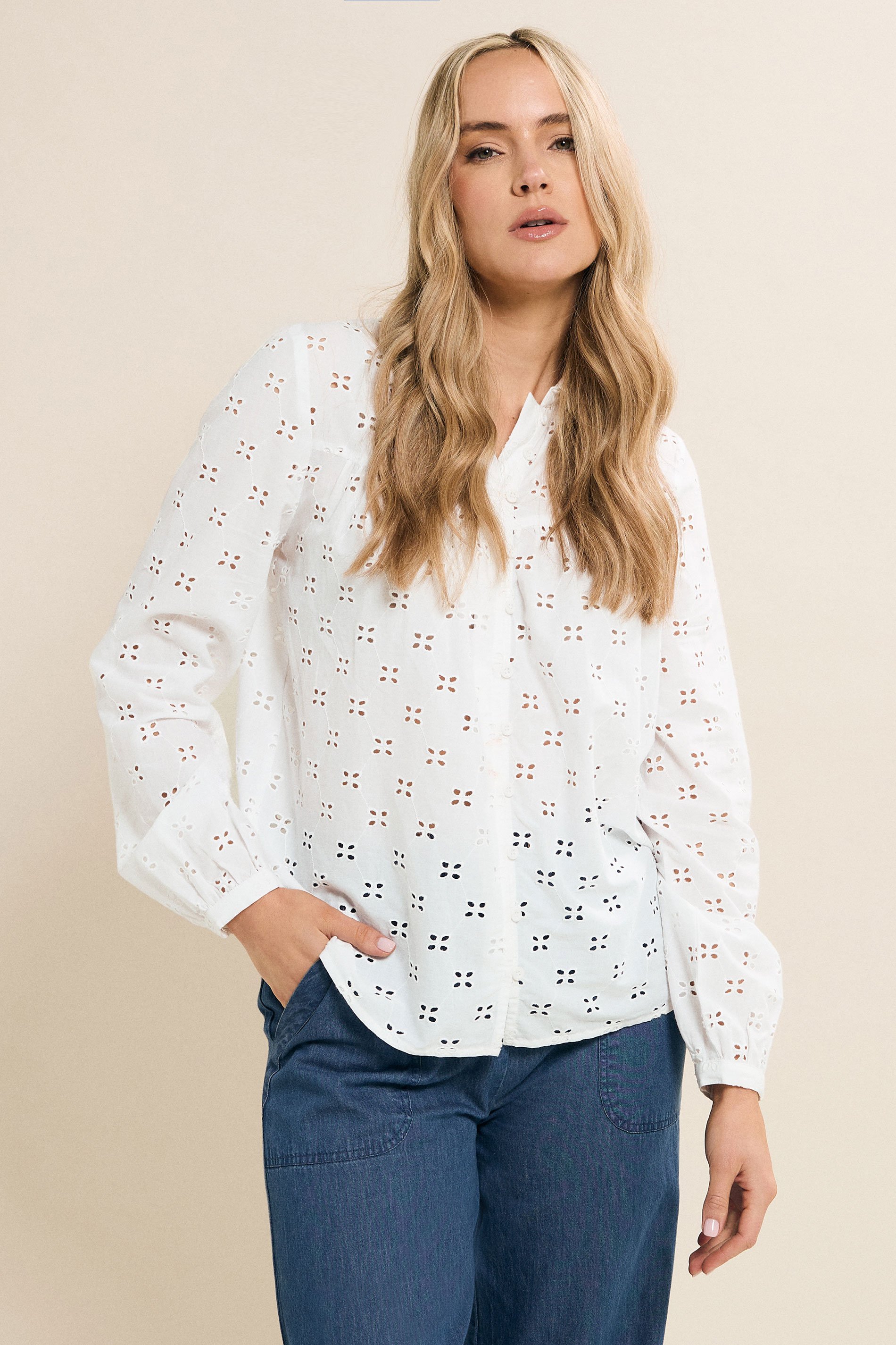LTS Tall White Cotton Broderie Yoke Shirt | Long Tall Sally 1