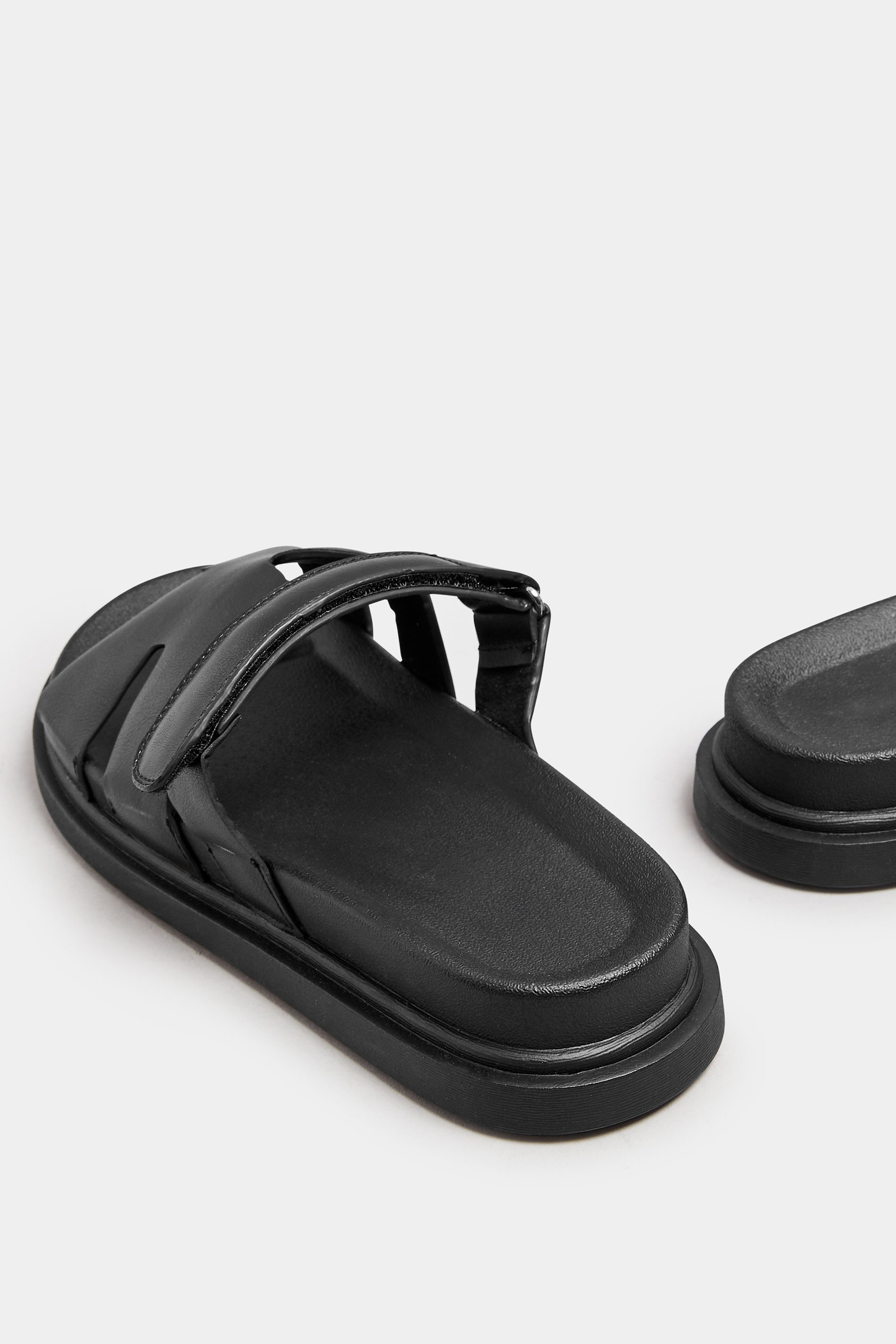 Black Faux Leather Velcro Strap Sandals In Extra Wide EEE Fit | Yours Clothing 5