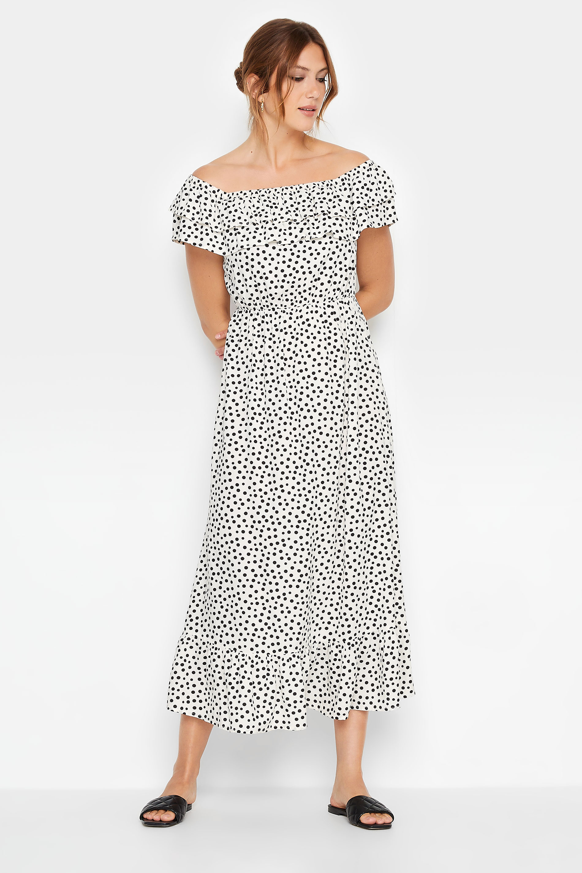 LTS Tall Women's White Polka Dot Bardot Frill Maxi Dress | Long Tall Sally 1