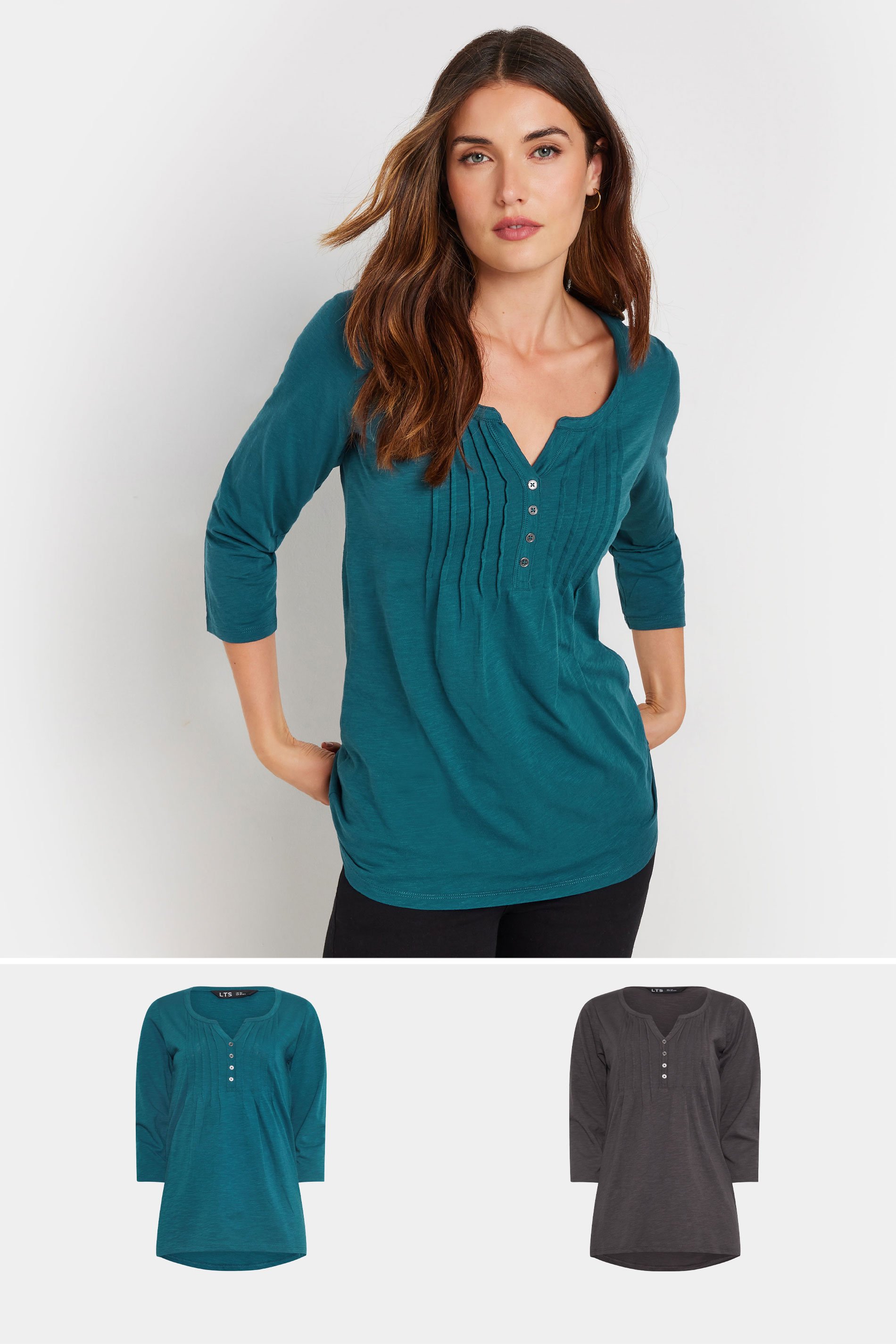 LTS Tall 2 PACK Charcoal Grey & Teal Blue Henley Tops | Long Tall Sally 1