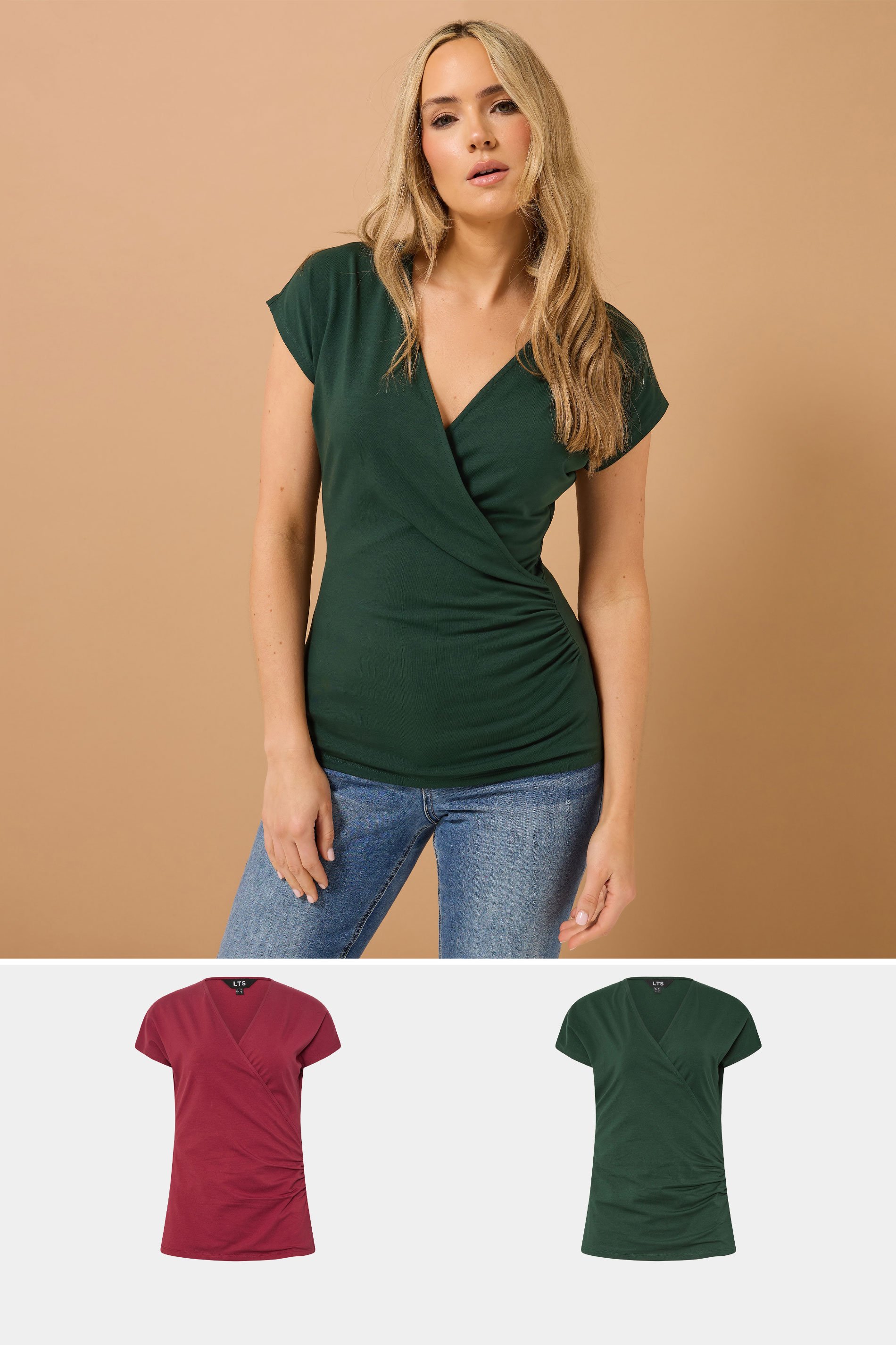 LTS Tall 2 PACK Dark Red & Green Grown Sleeve Wrap Tops | Long Tall Sally 1