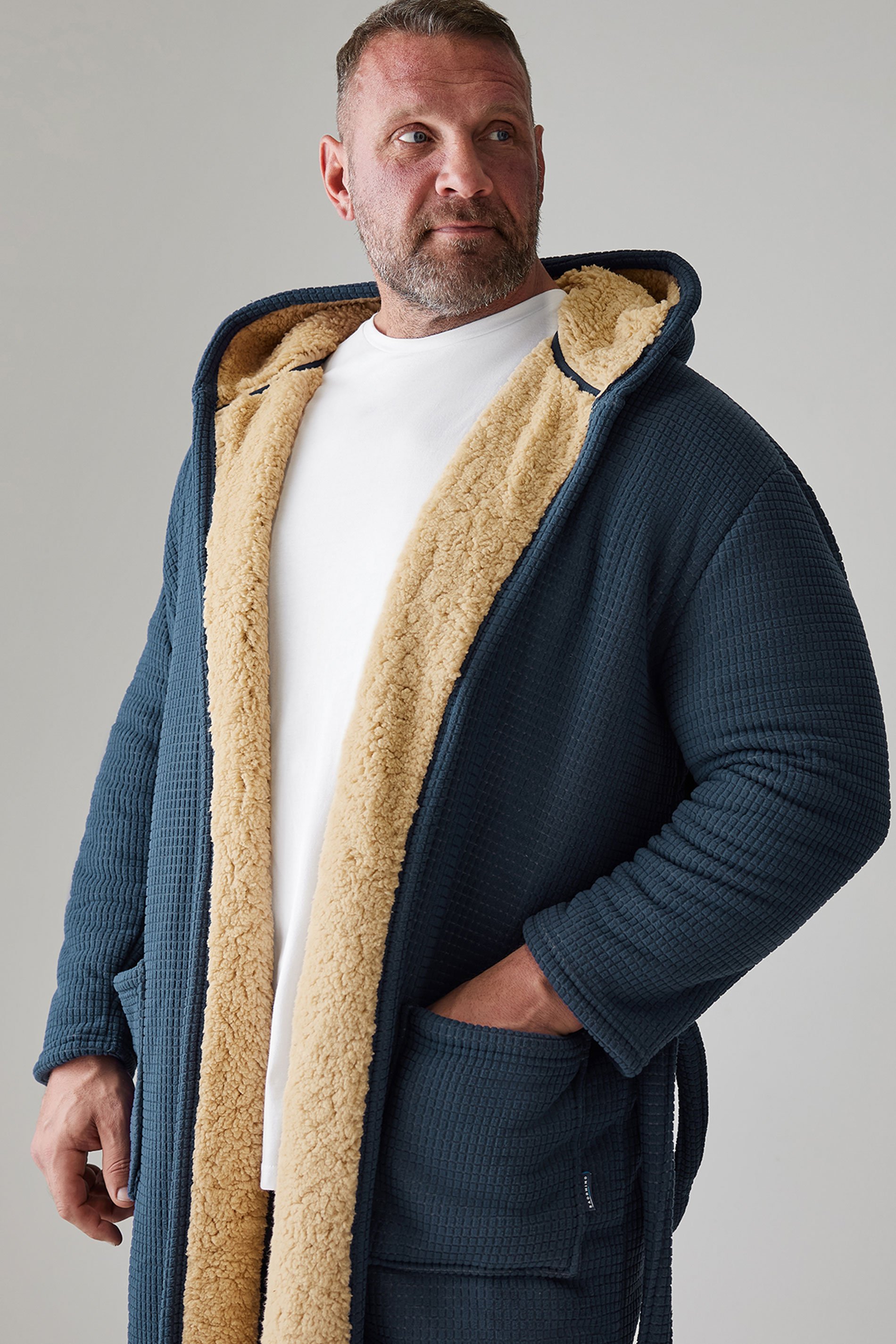 BadRhino Big & Tall Navy Blue Waffle Borg Lined Dressing Gown | BadRhino 1