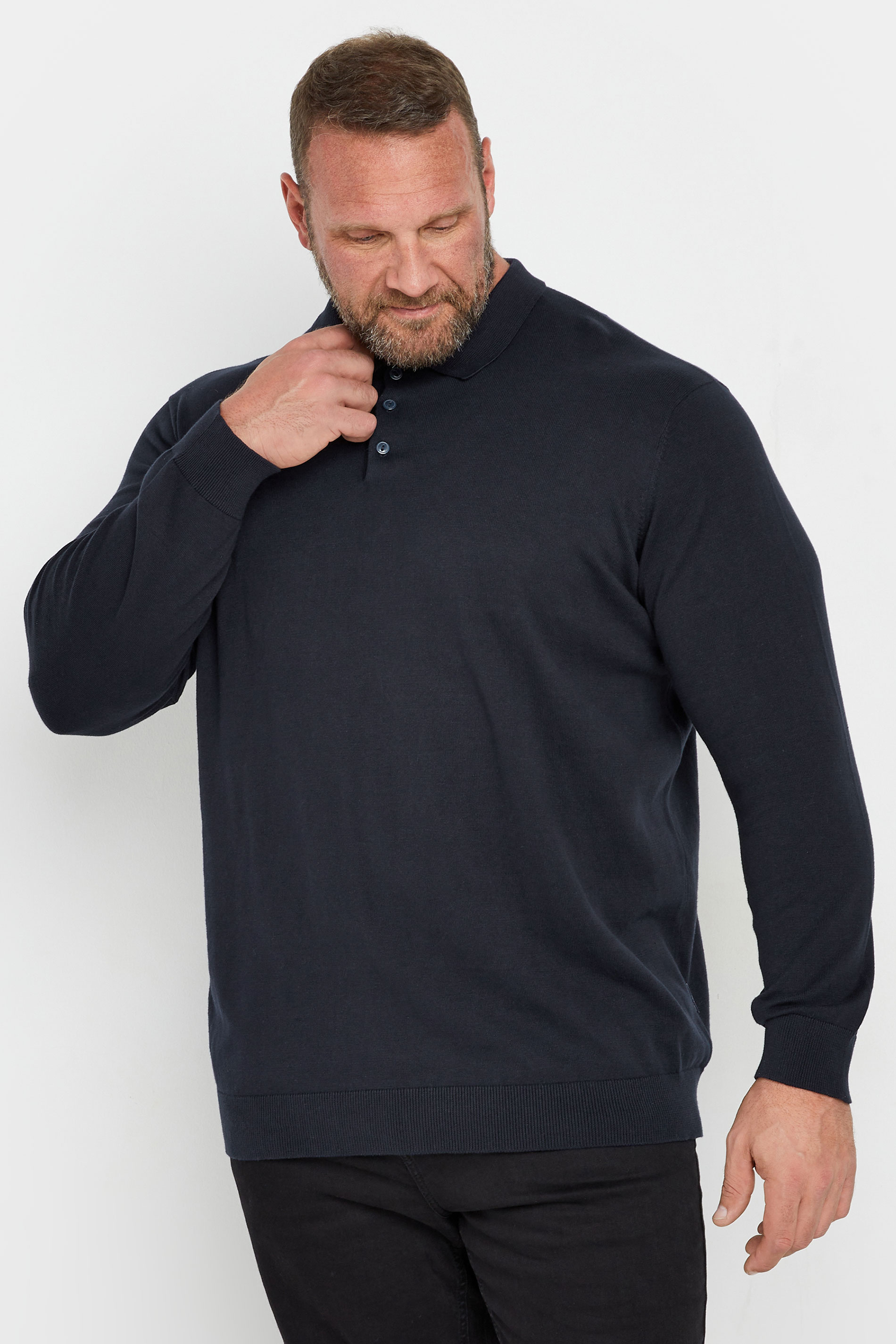 BadRhino Big & Tall Navy Blue Knitted Long Sleeve Polo Shirt | BadRhino 1