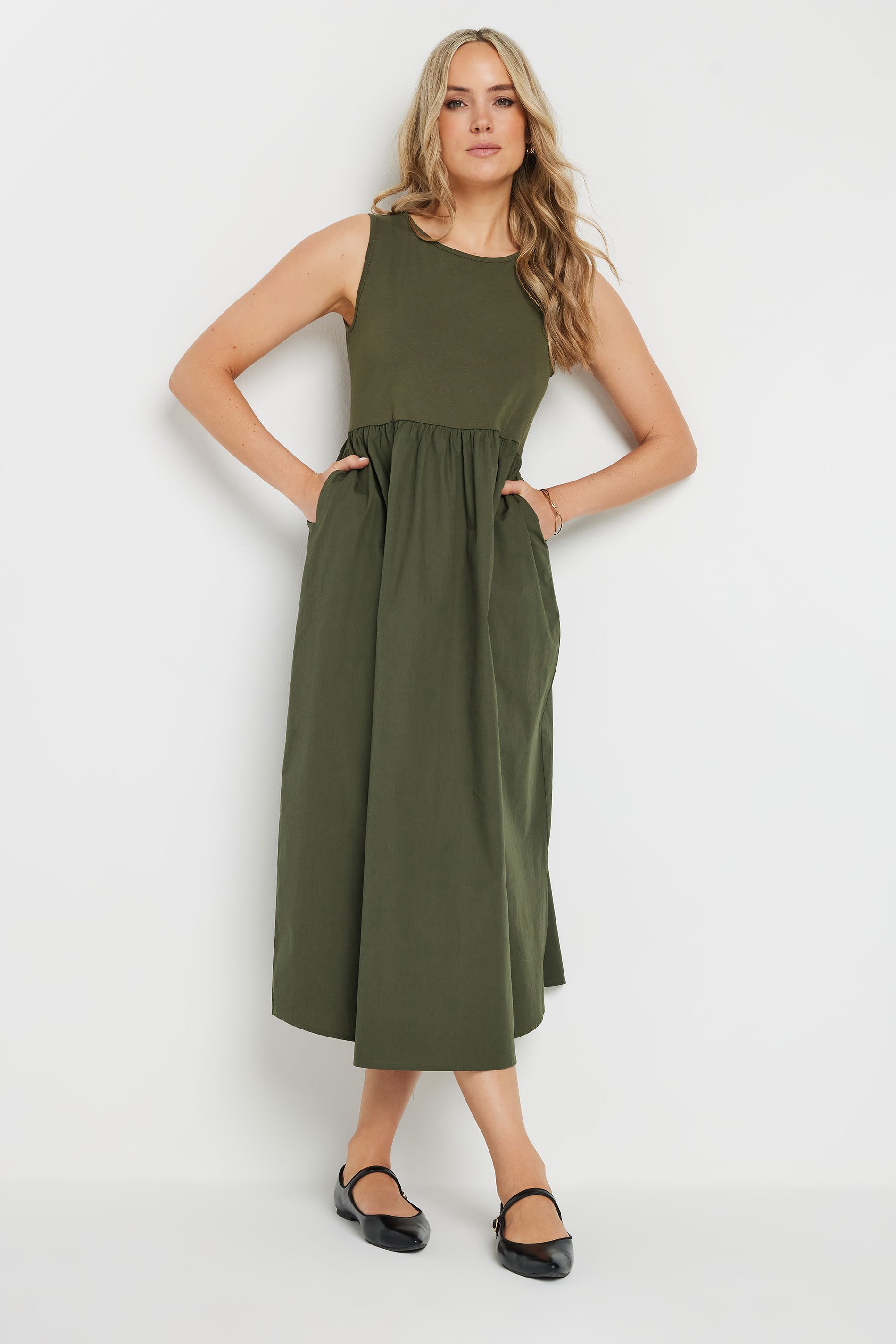 LTS Tall Khaki Green Jersey & Woven Mix Fabric Midi Dress | Long Tall Sally 4