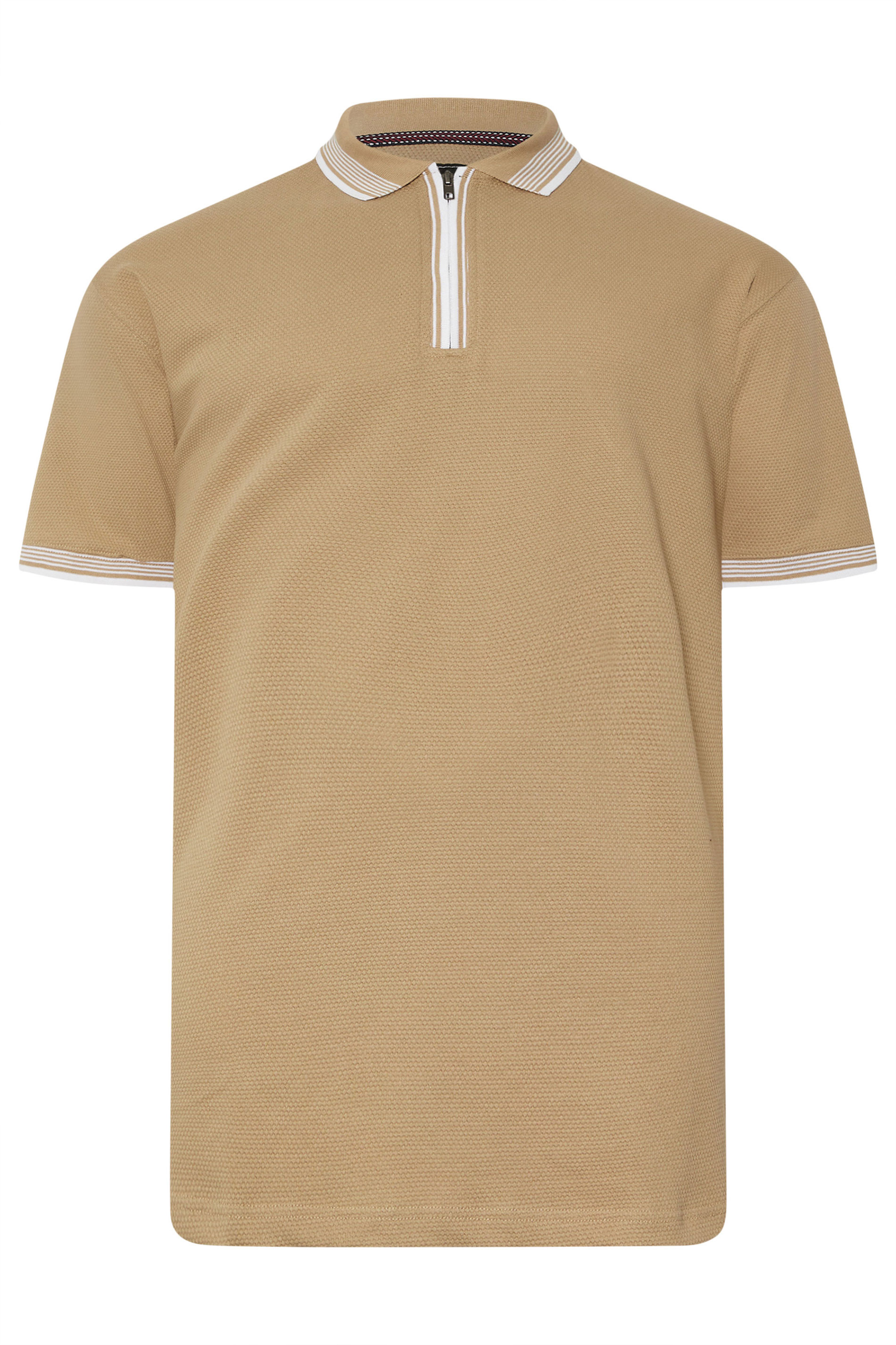 KAM Big & Tall Stone Brown Textured Zip Up Polo Shirt | BadRhino 3
