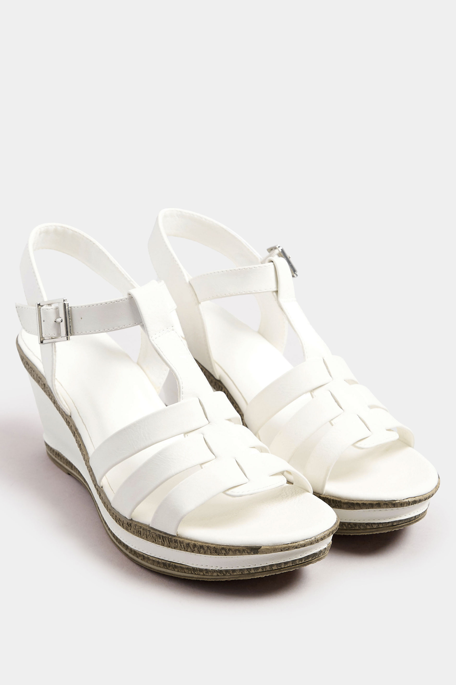 White Faux Leather T-Bar Wedge Sandals In Wide E Fit & Extra Wide EEE Fit | Yours Clothing 3
