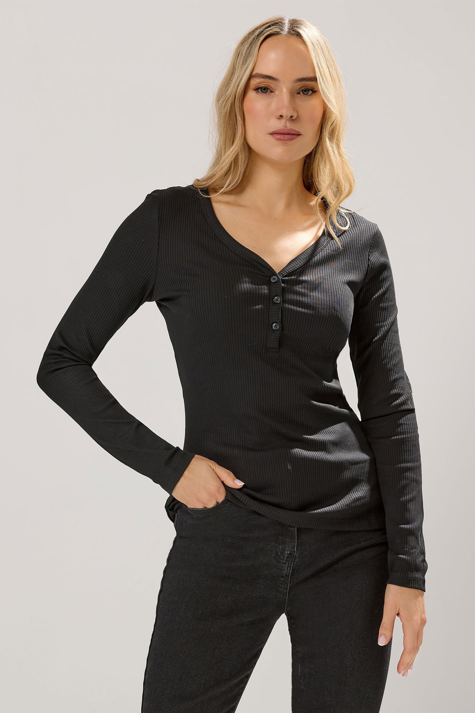 LTS Tall Black Cotton Ribbed Henley Top | Long Tall Sally 1