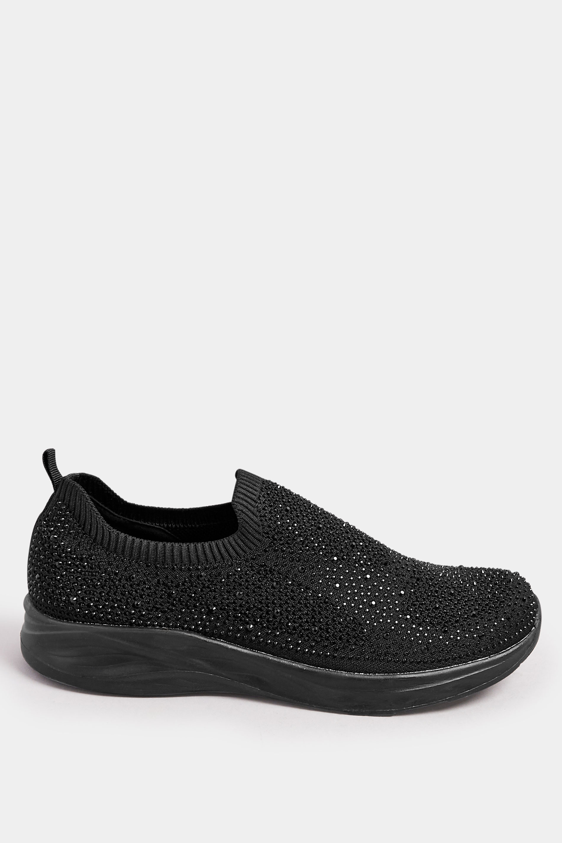 Black Diamante Knitted Slip On Trainers In Extra Wide EEE Fit | Yours Clothing 3