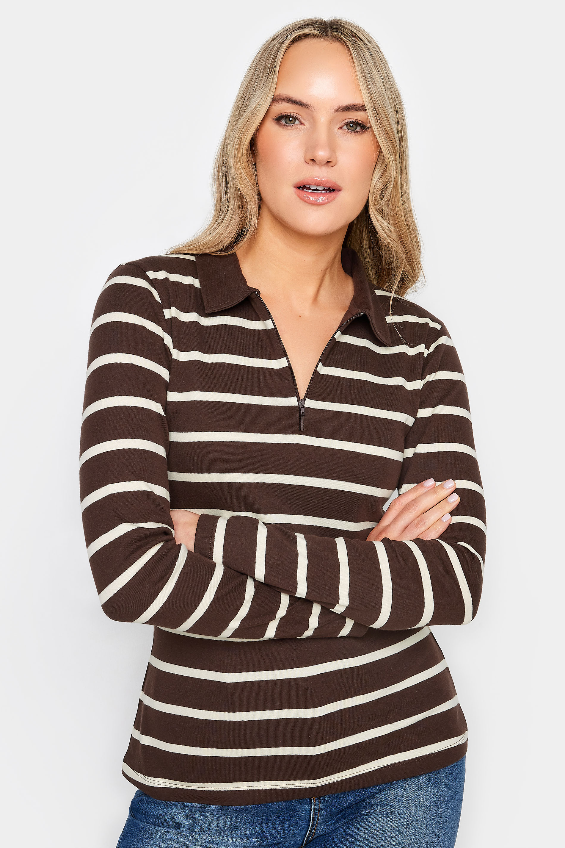 LTS Tall Women's Brown Stripe Print Polo Collar Top | Long Tall Sally 1