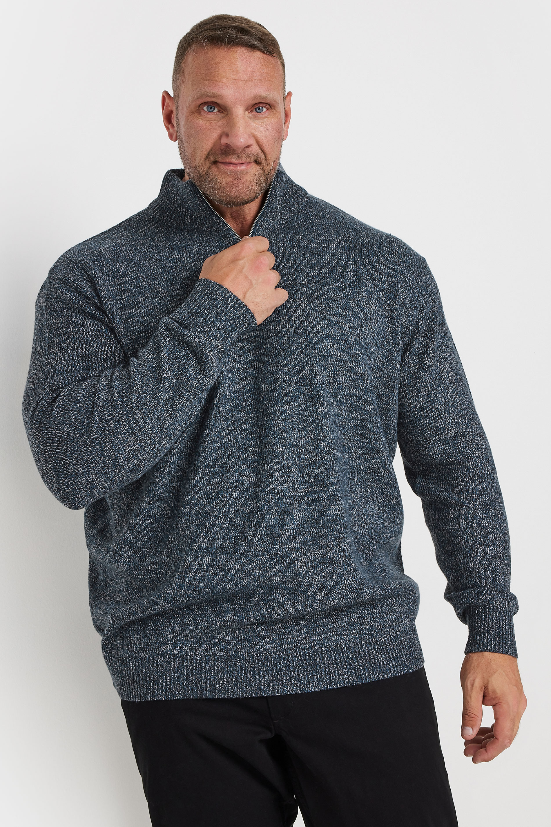 BadRhino Big & Tall Blue Marl Quarter Zip Knitted Jumper | BadRhino 1