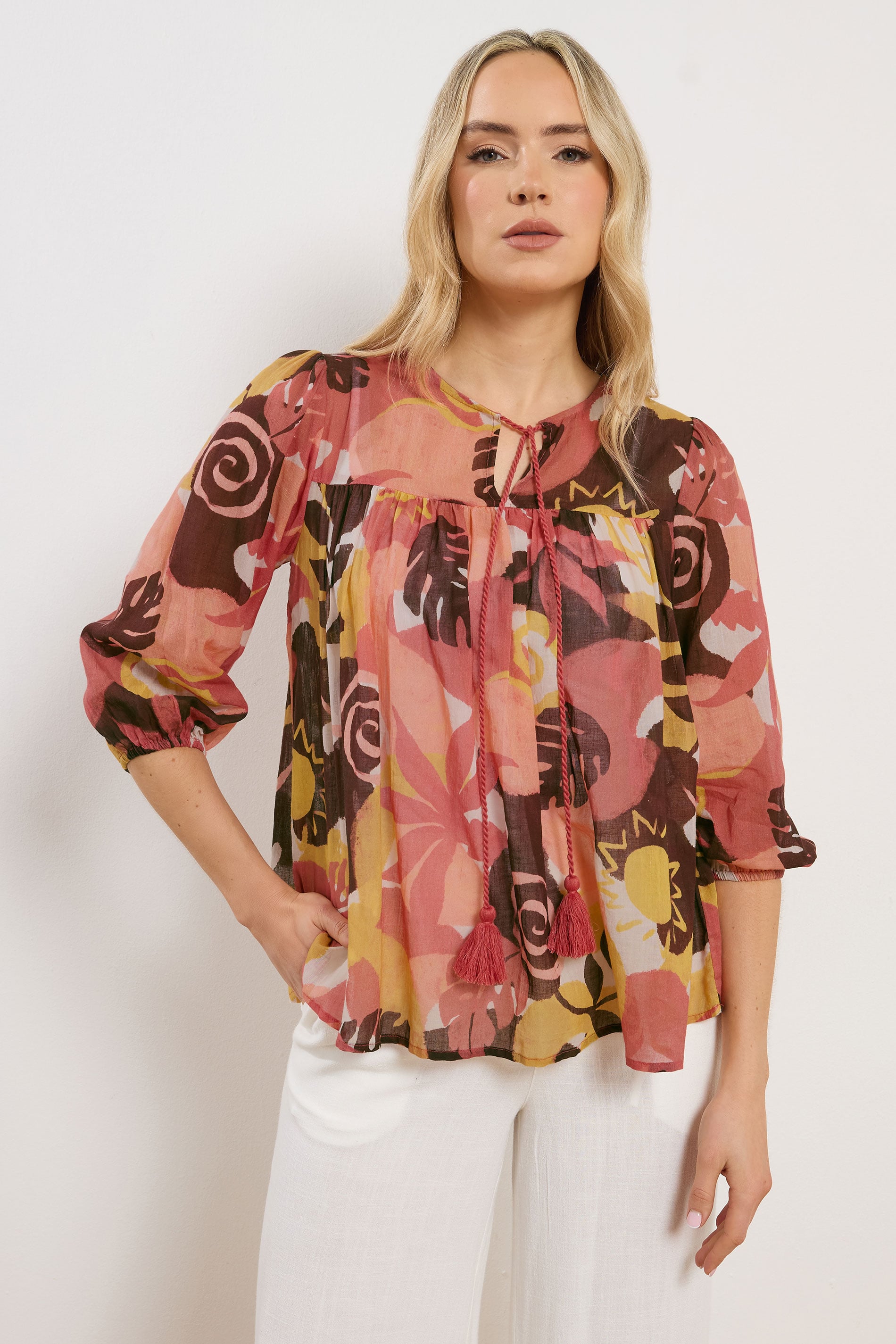 LTS Tall Women's Rust Orange Abstract Tie Neck Cotton Blouse | Long Tall Sally 3