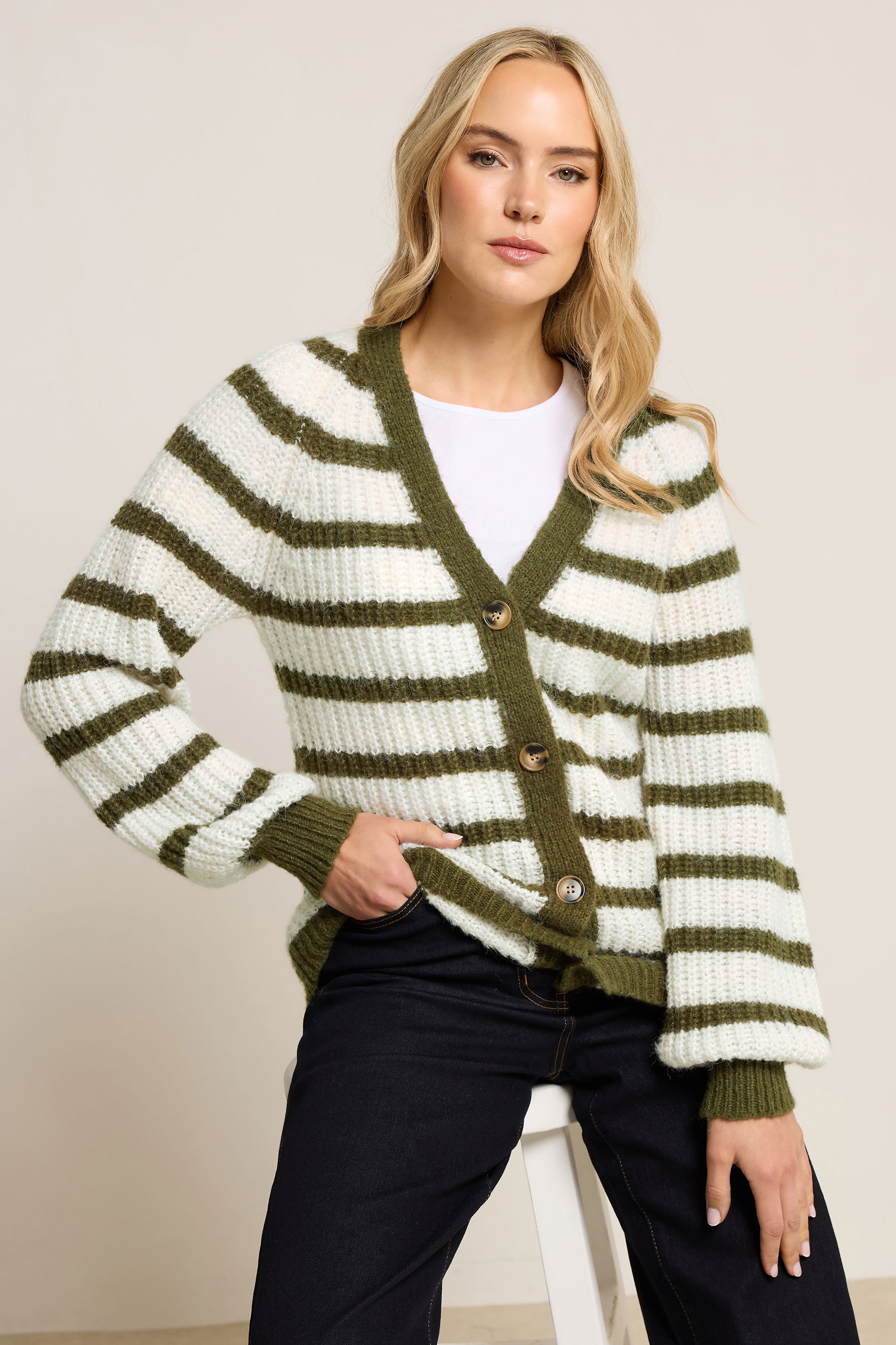 LTS Tall Green Knitted Stripe Button Cardigan | Long Tall Sally 1