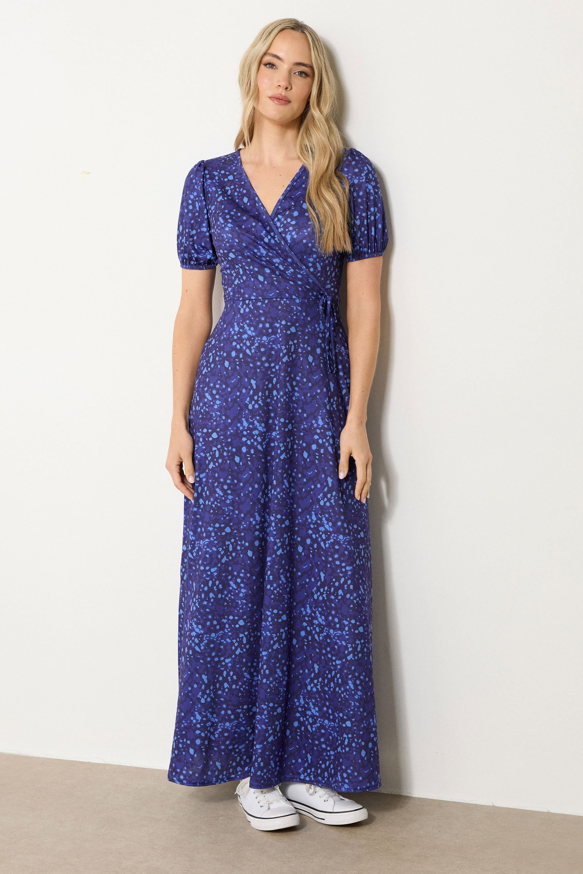 LTS Tall Blue Abstract Spot Wrap Maxi Dress | Long Tall Sally 1