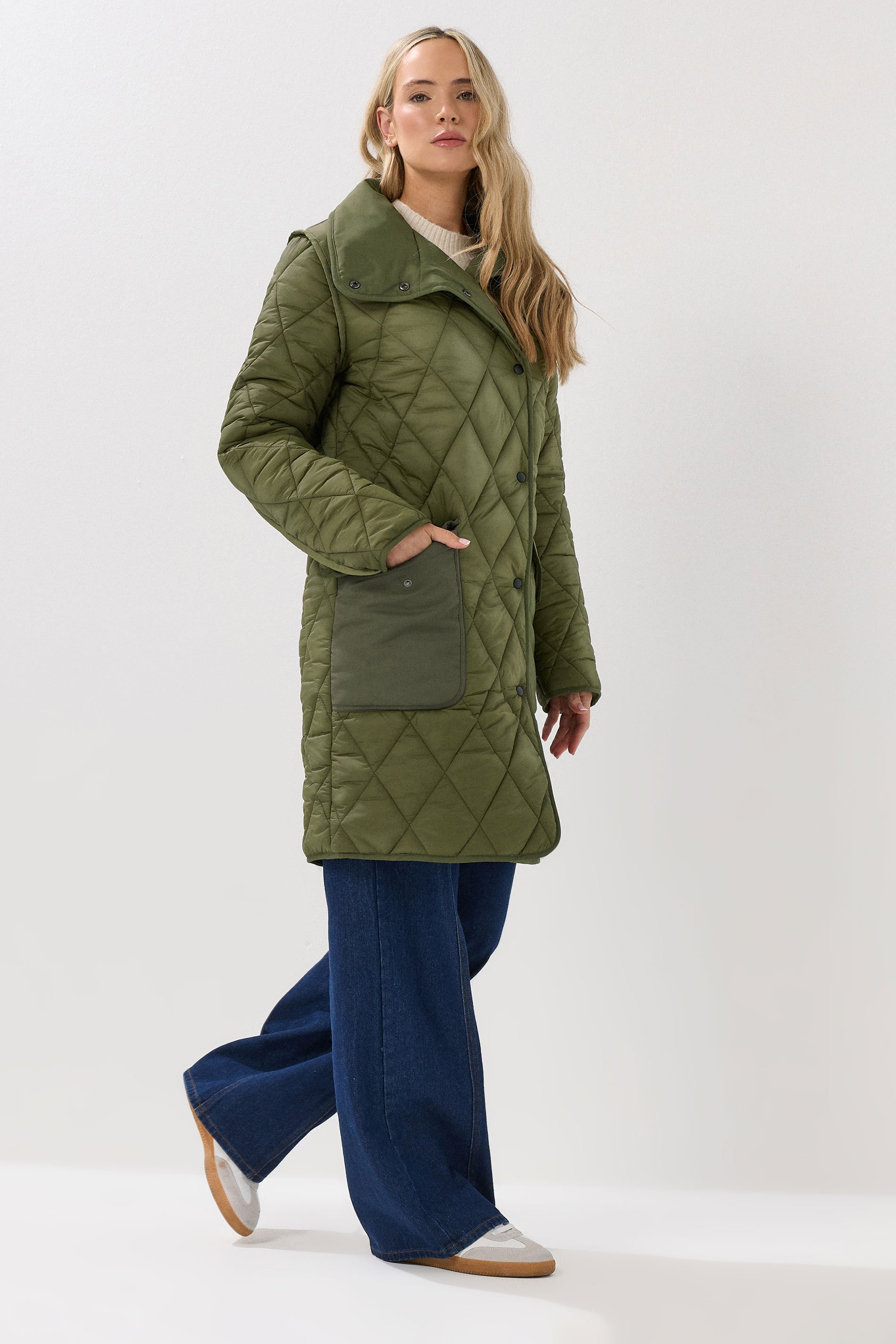 LTS Tall Khaki Green Funnel Neck Quilted Coat | Long Tall Sally 3