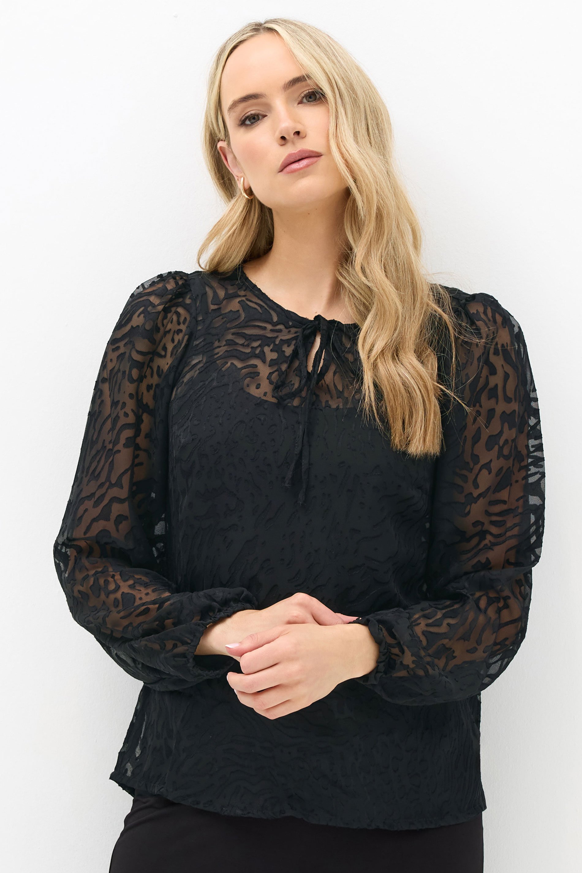 LTS Tall Black Animal Burnout Tie Blouse | Long Tall Sally 1