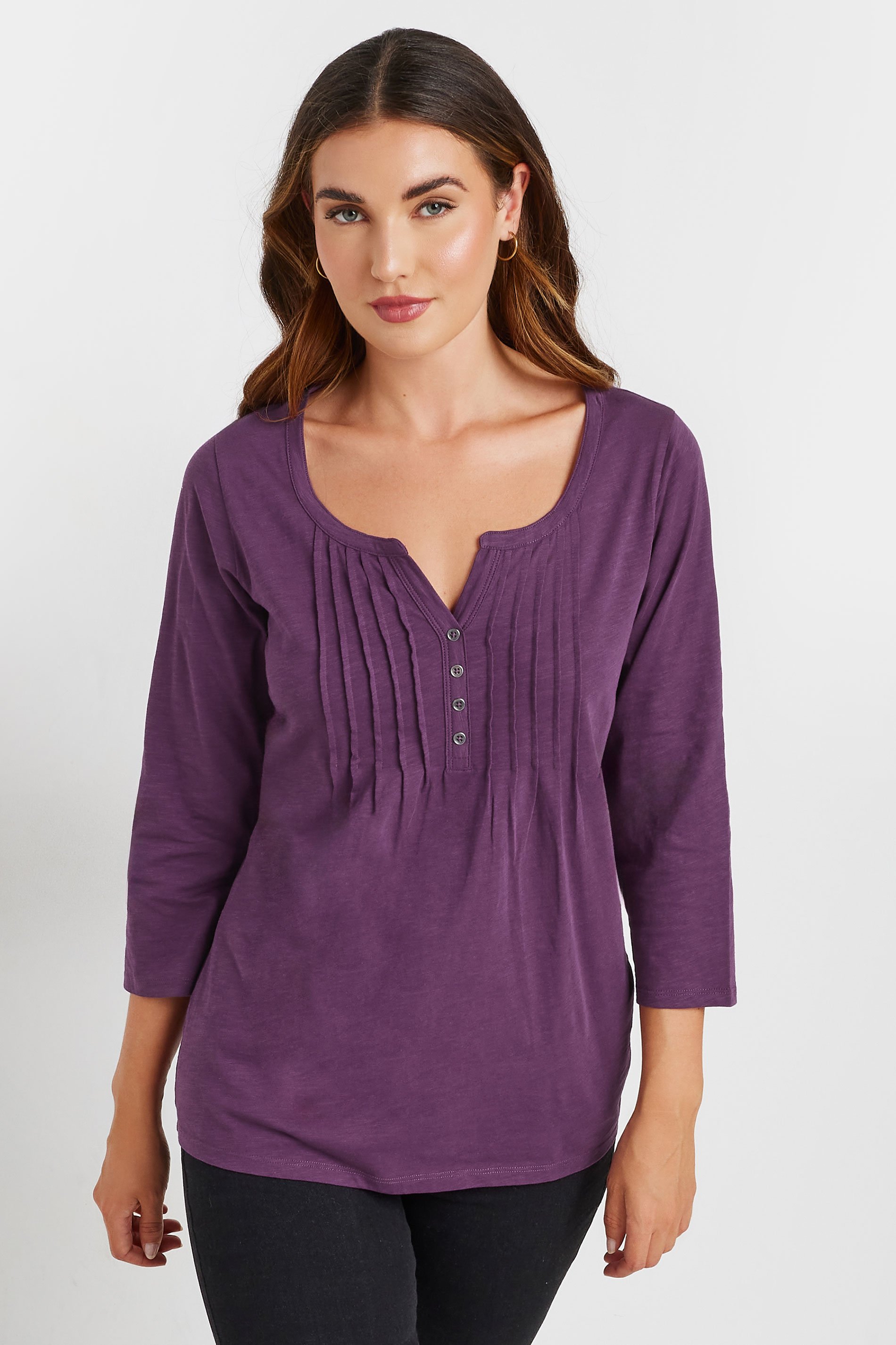 LTS Tall Dark Purple Cotton Henley Top | Long Tall Sally 1