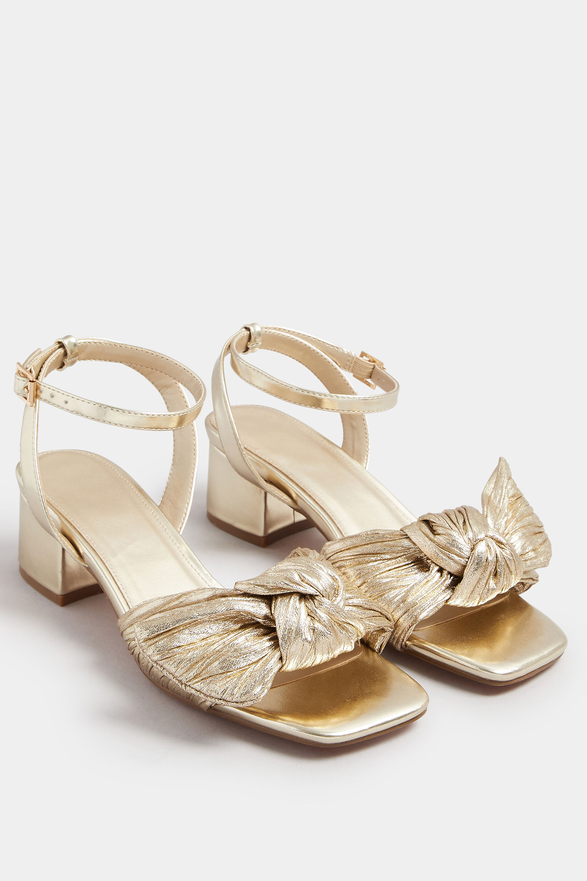 Gold Bow Mid Block Heel Sandals In Extra Wide EEE Fit | Yours Clothing 3