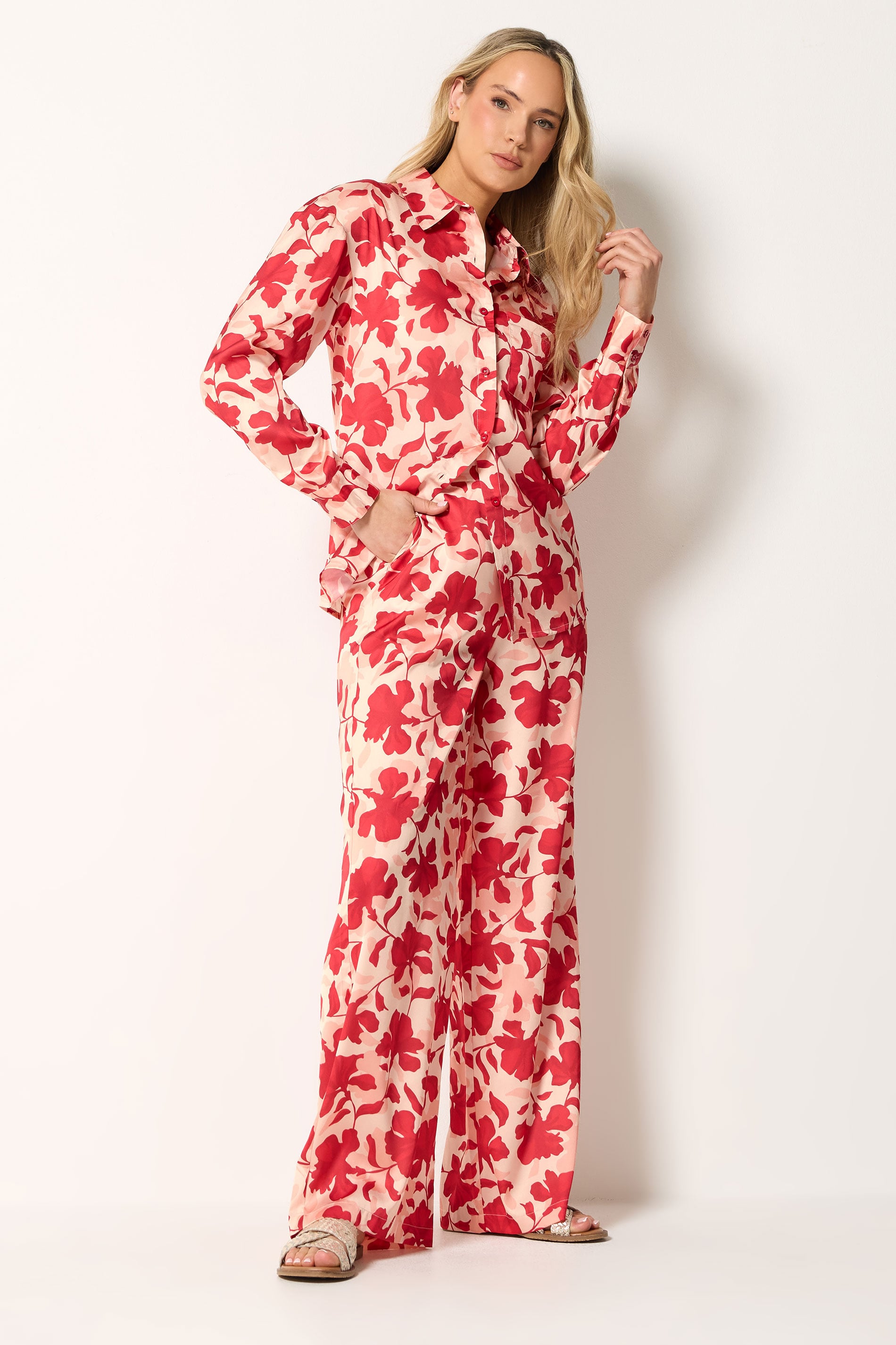 LTS Tall Women's Pink Floral Satin Wide Leg Trousers | Long Tall Sally 1