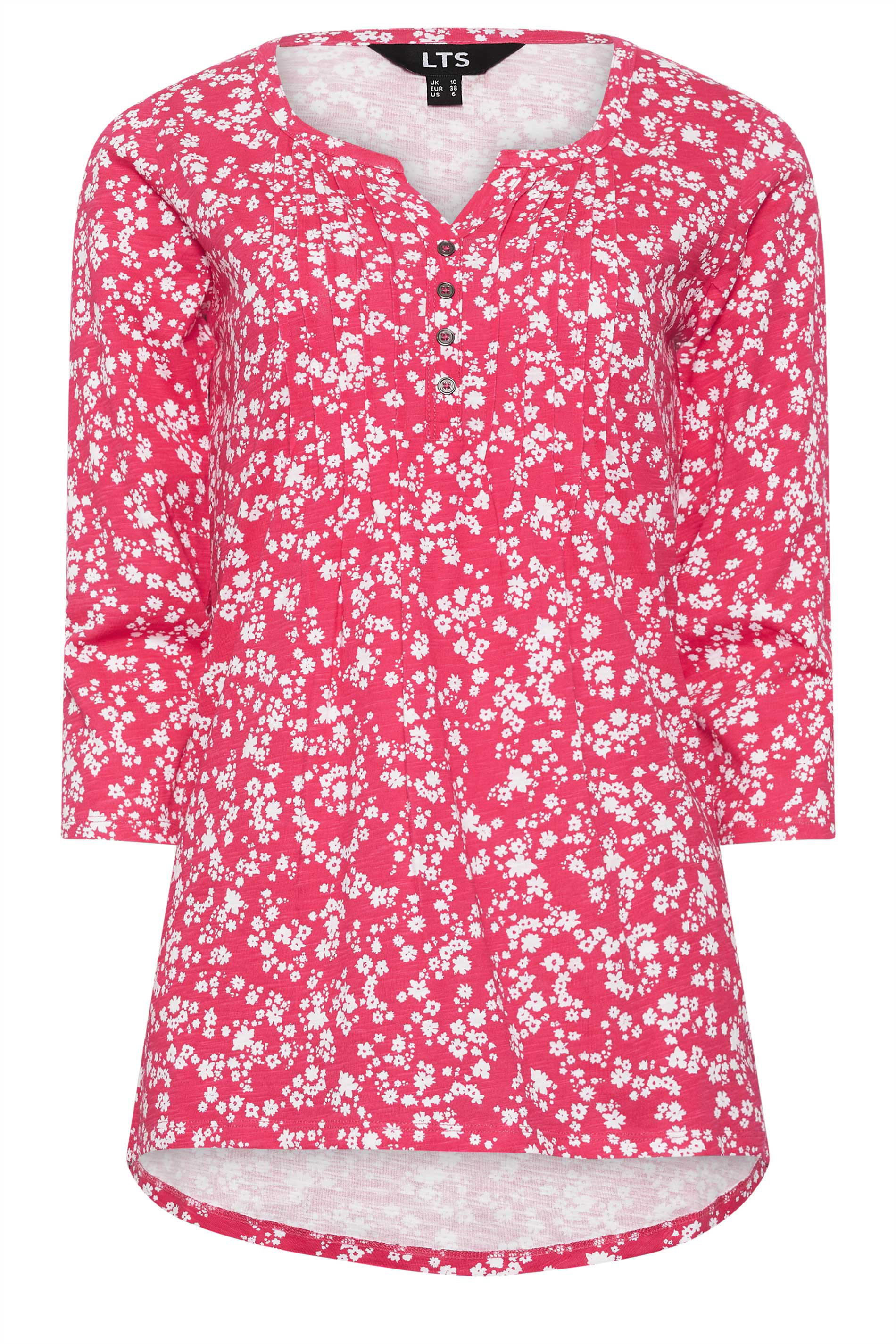 LTS Tall Womens Pink Ditsy Floral Print Cotton Henley Top | Long Tall Sally 4