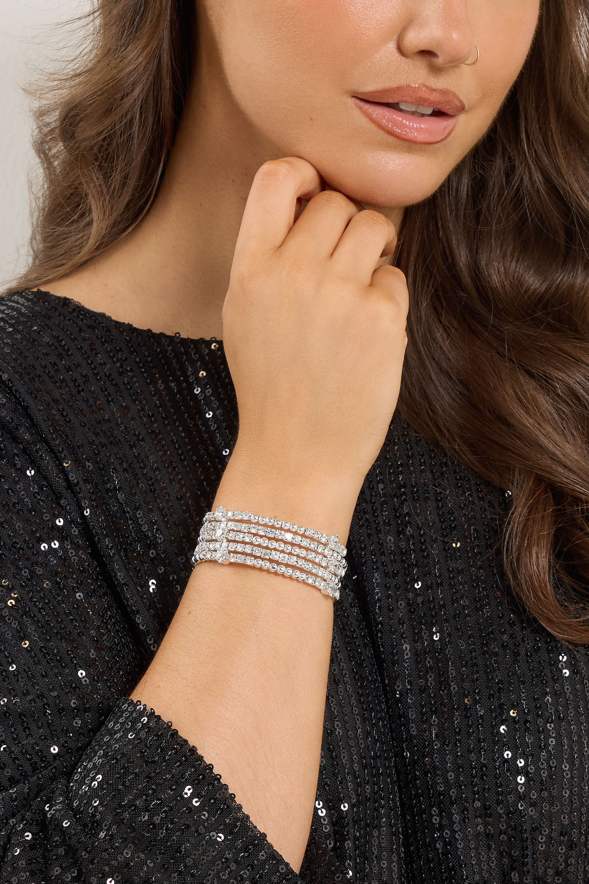 Silver Tone Diamante Wrap Stretch Bracelet | Yours Clothing 1