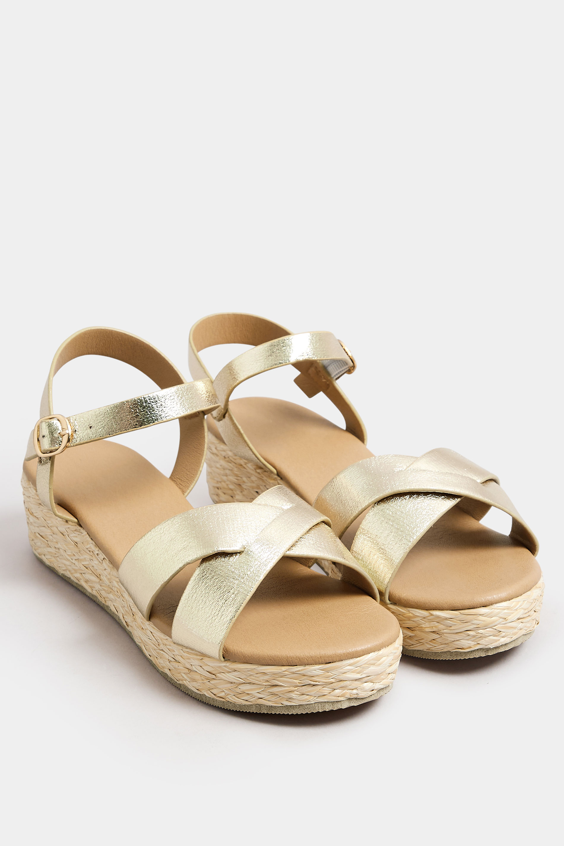 Gold Cross Strap Platform Wedge Sandals In Wide E Fit & Extra Wide EEE Fit | Yours Clothing 2