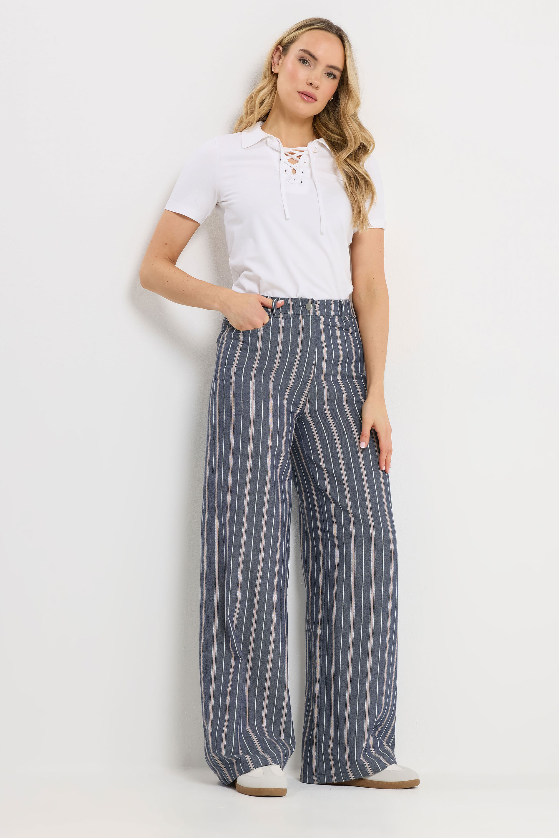 LTS Tall Women's Denim Blue Stripe Cotton Wide Leg Jeans | Long Tall Sally 1