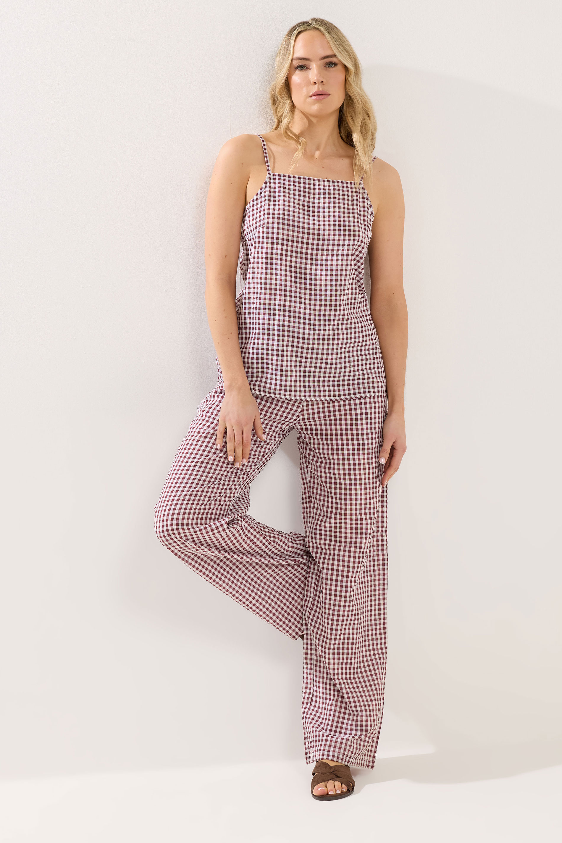 LTS Tall Women's Set Burgundy Red Gingham Cotton Vest Top & Trousers | Long Tall Sally 1