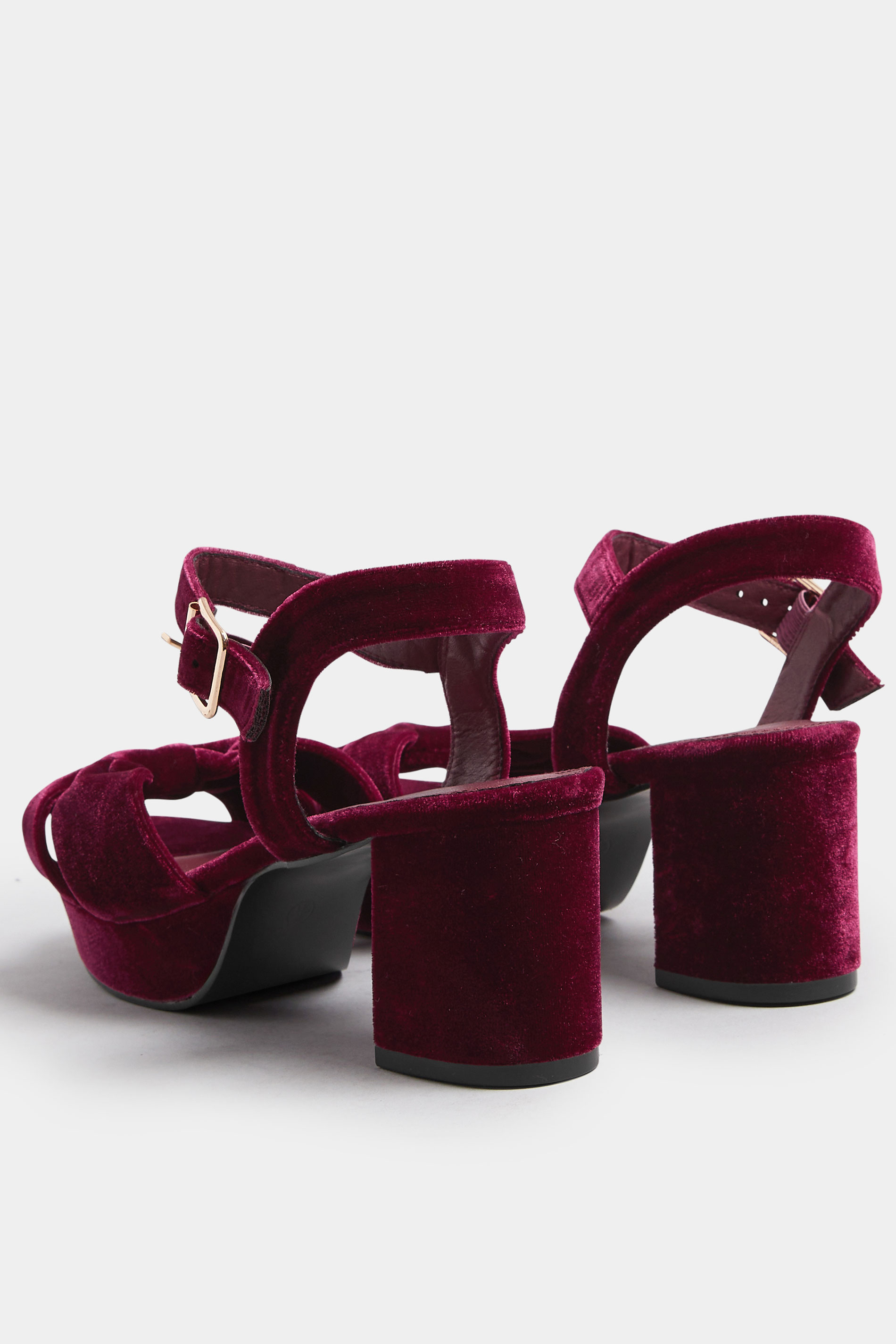 Burgundy Red Velvet Bow Strap Platform Heels In Extra Wide Fit | Yours Clothing 5