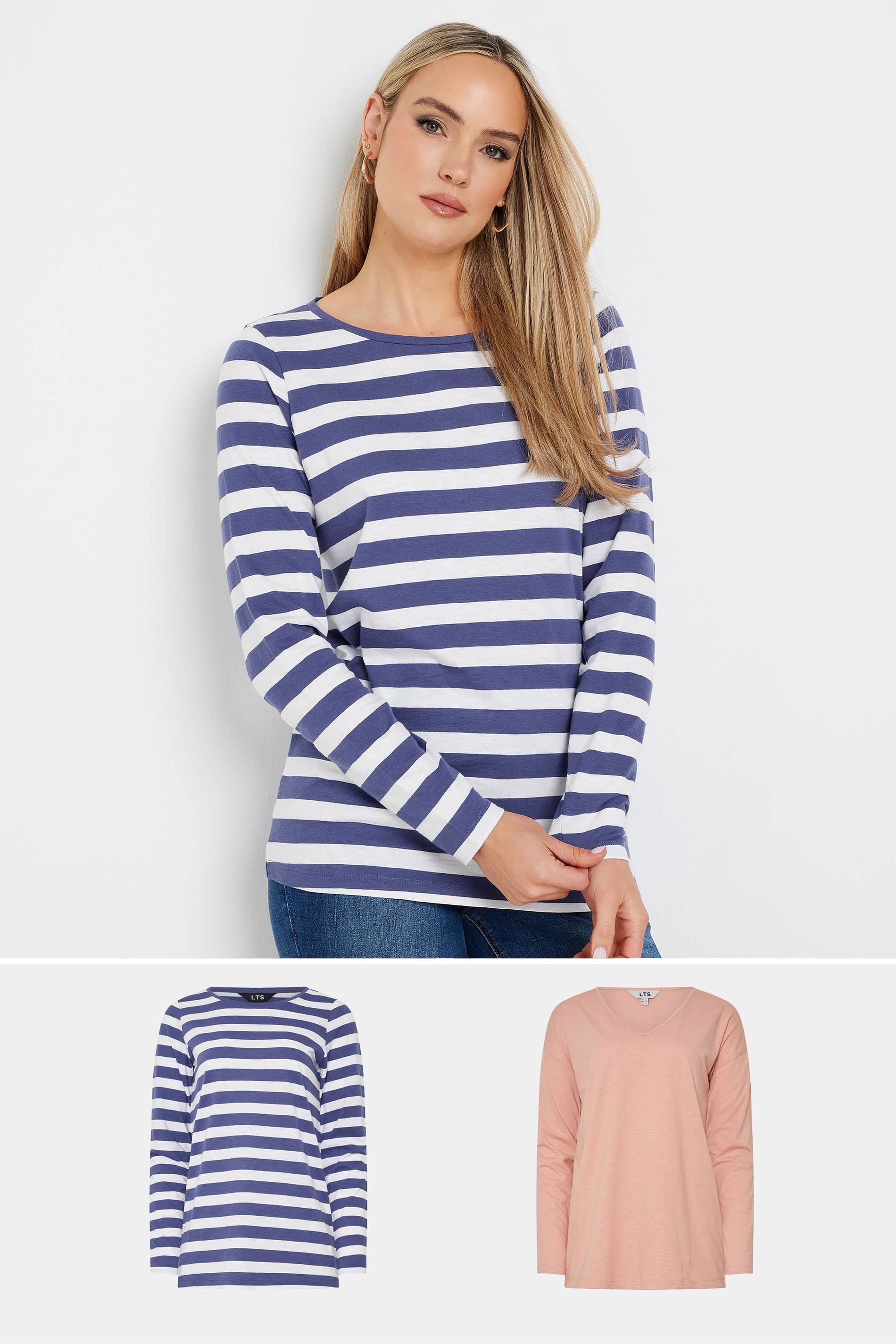 LTS Tall 2 PACK Blue & Coral Pink Long Sleeve T-Shirts | Long Tall Sally 1