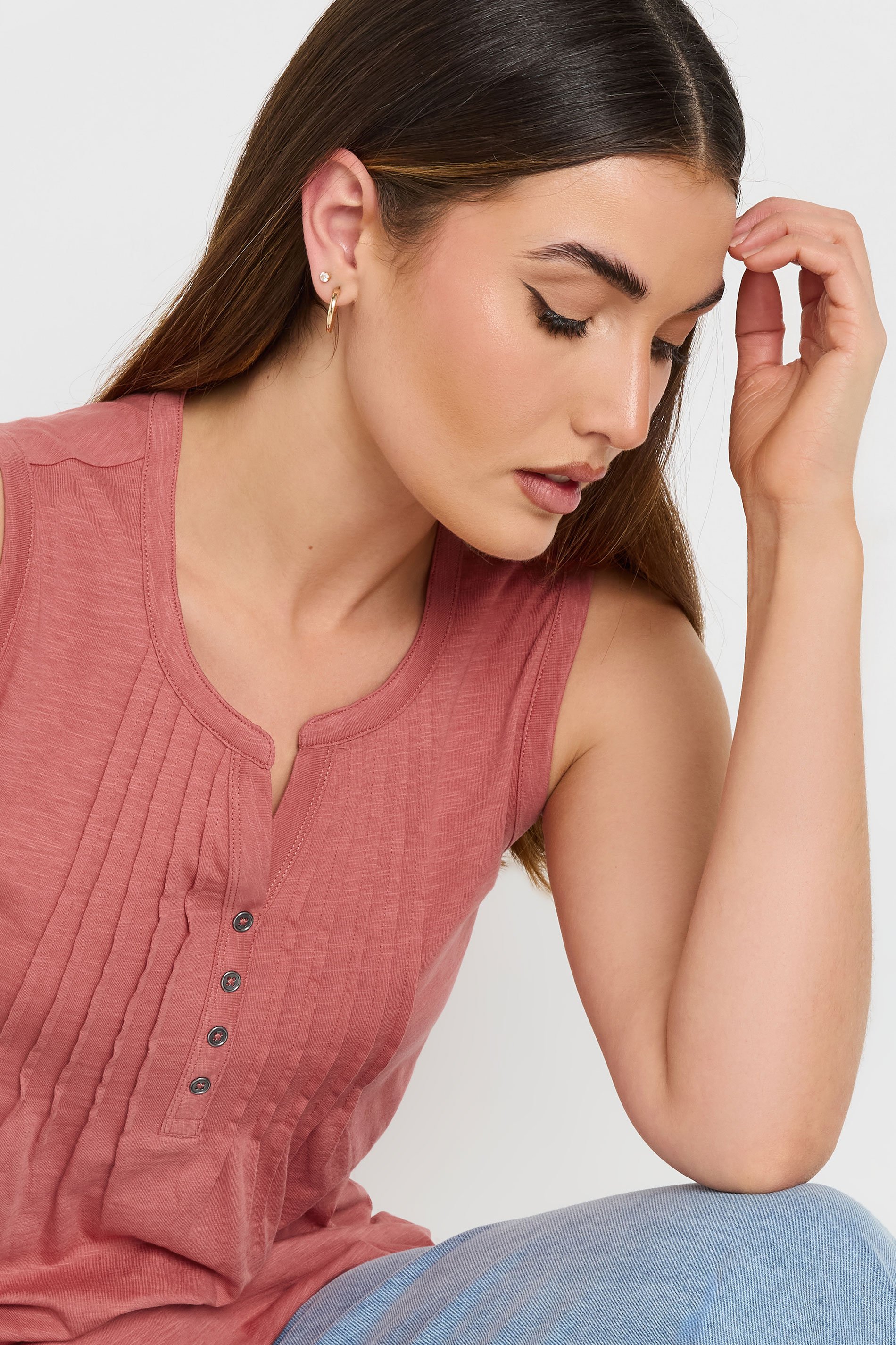 LTS Tall Coral Orange Cotton Henley Vest Top | Long Tall Sally 4