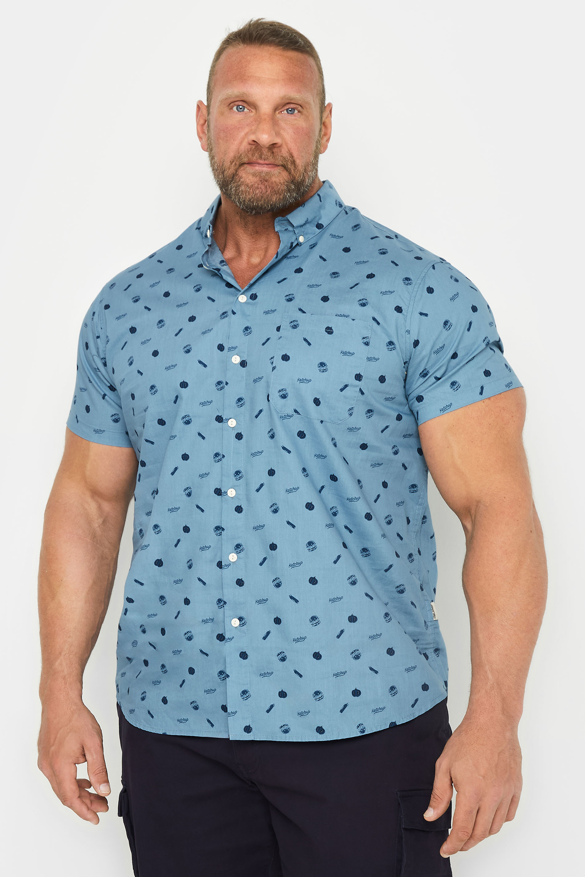 BLEND Big & Tall Blue Hamburger Print Short Sleeve Shirt | BadRhino 1
