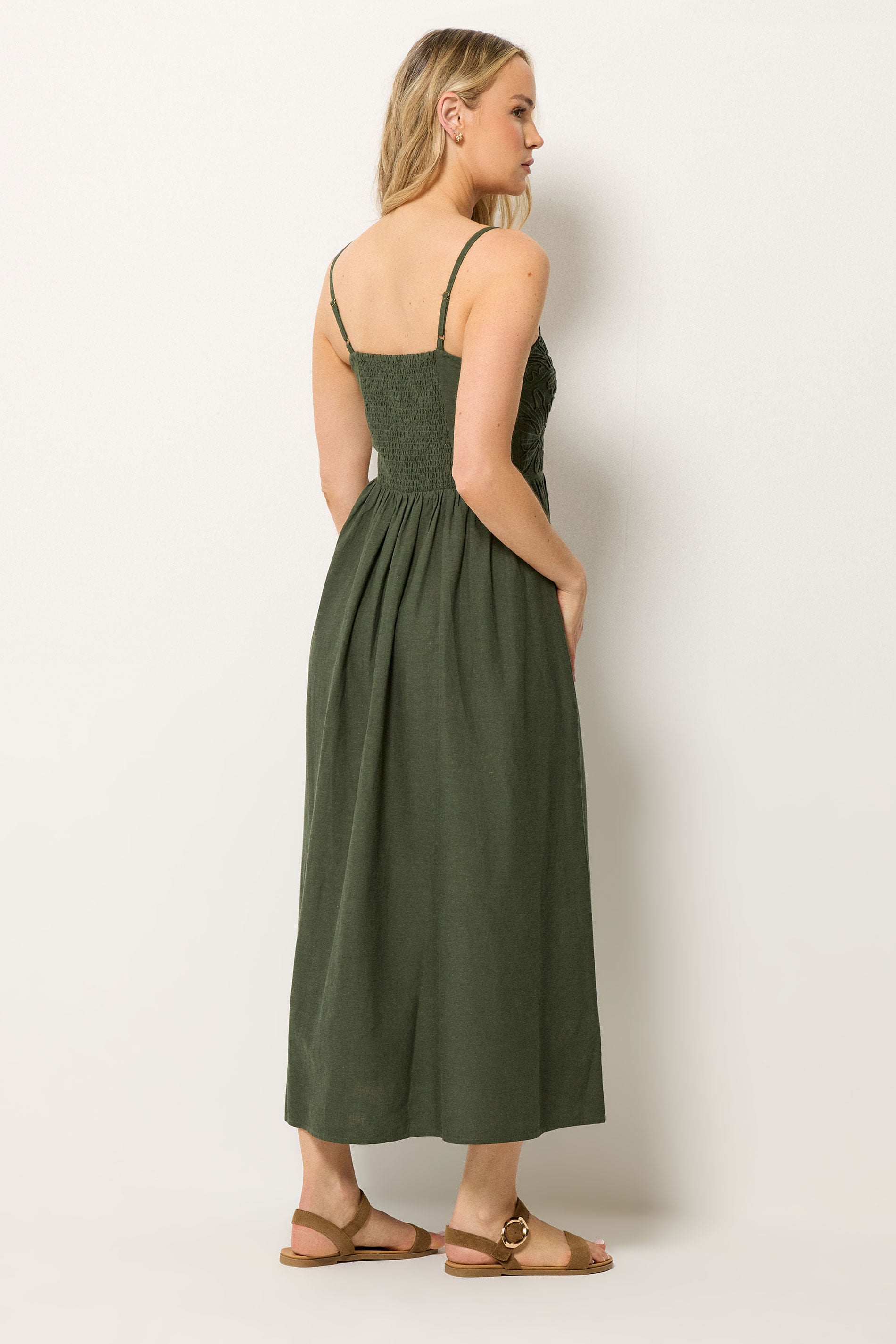 LTS Tall Women's Olive Green Linen Embroidered Midi Dress | Long Tall Sally 4
