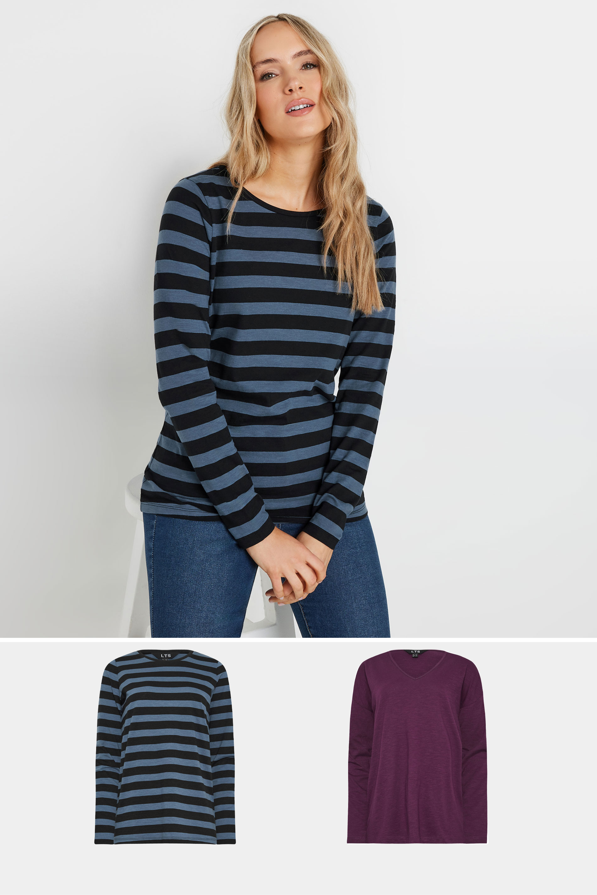 LTS Tall Women's 2 Pack Purple & Blue Stripe Long Sleeve T-Shirts | Long Tall Sally 1