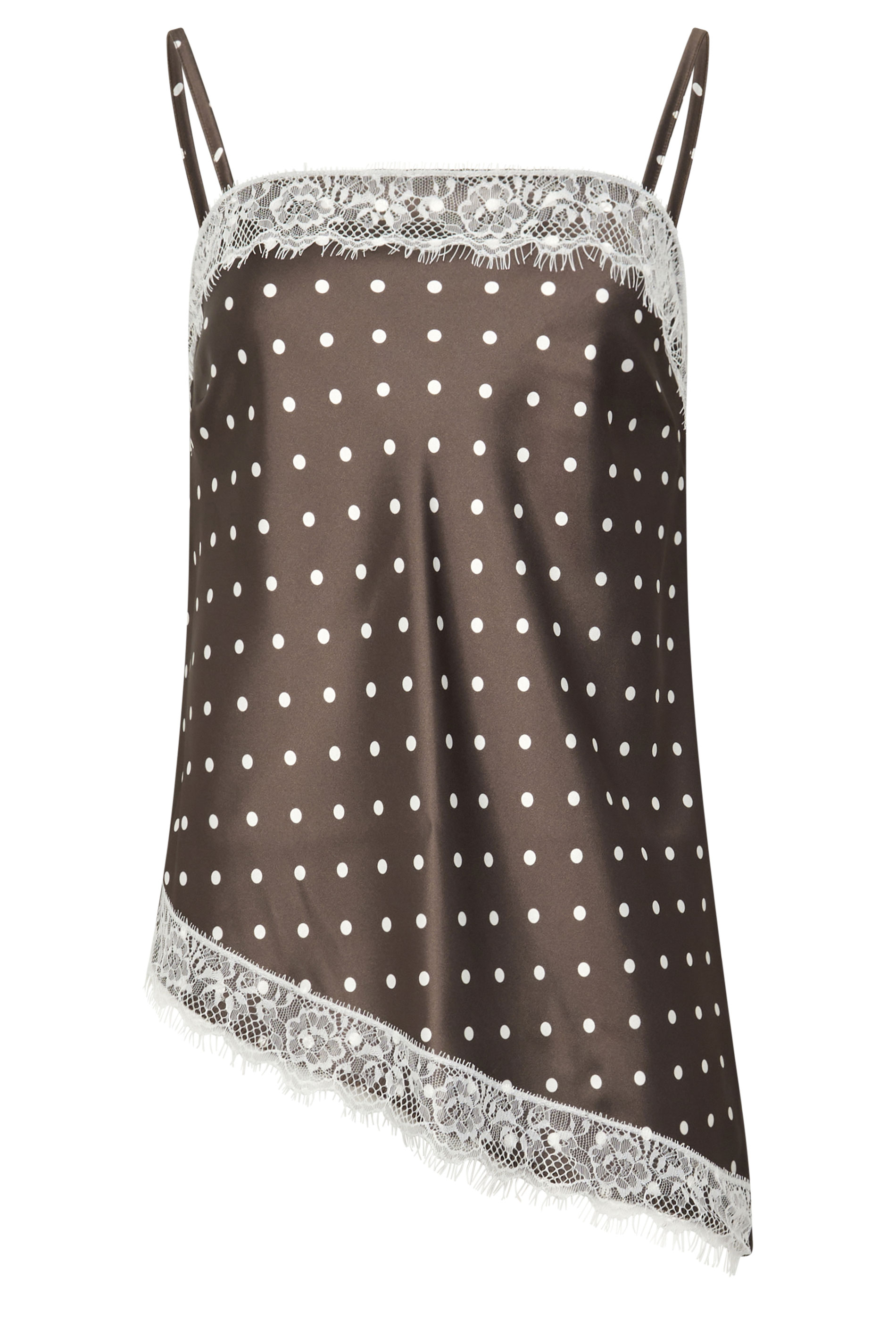 LTS Tall Women's Chocolate Brown Polka Dot Asymmetric Lace Cami