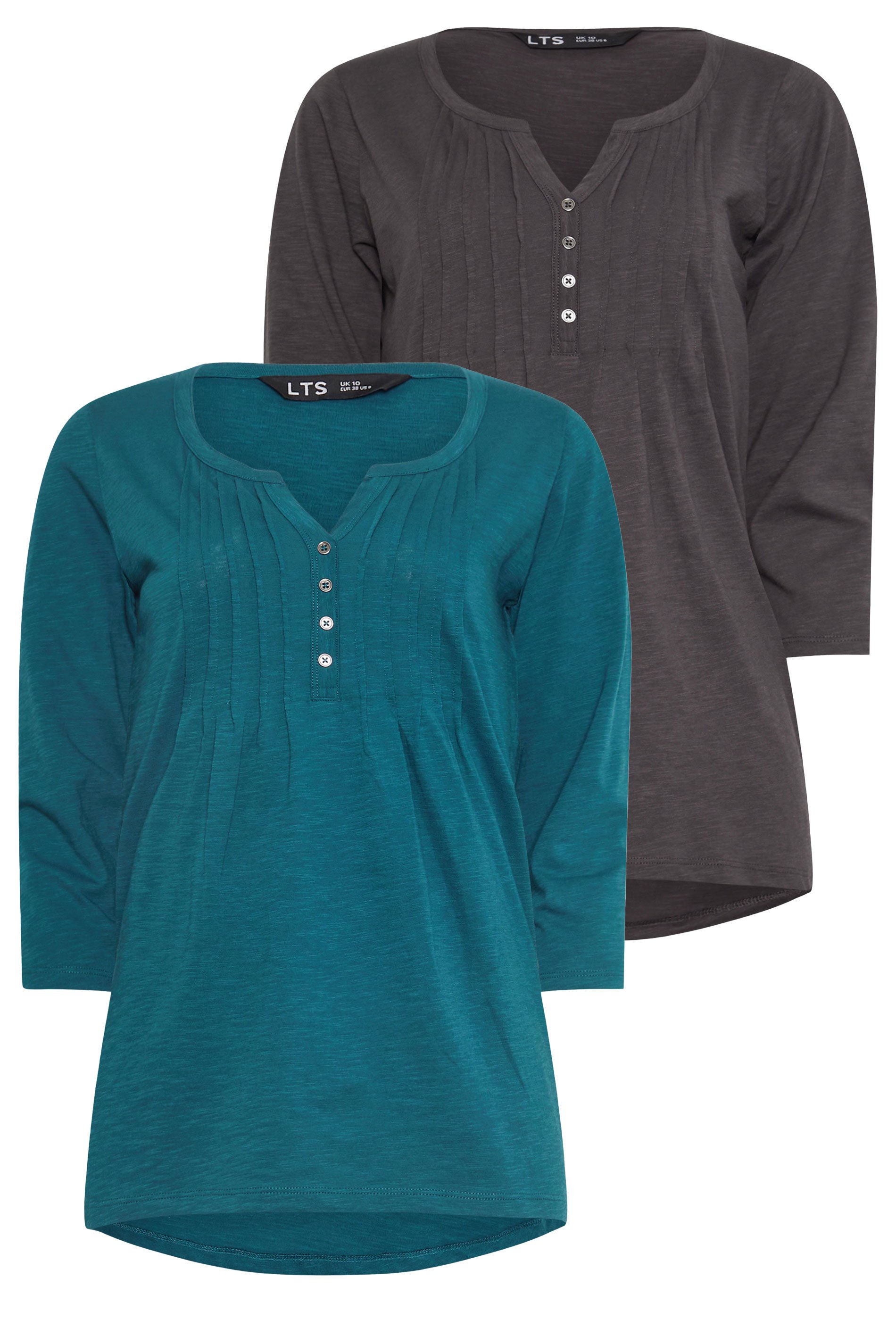 LTS Tall 2 PACK Charcoal Grey & Teal Blue Henley Tops | Long Tall Sally 7