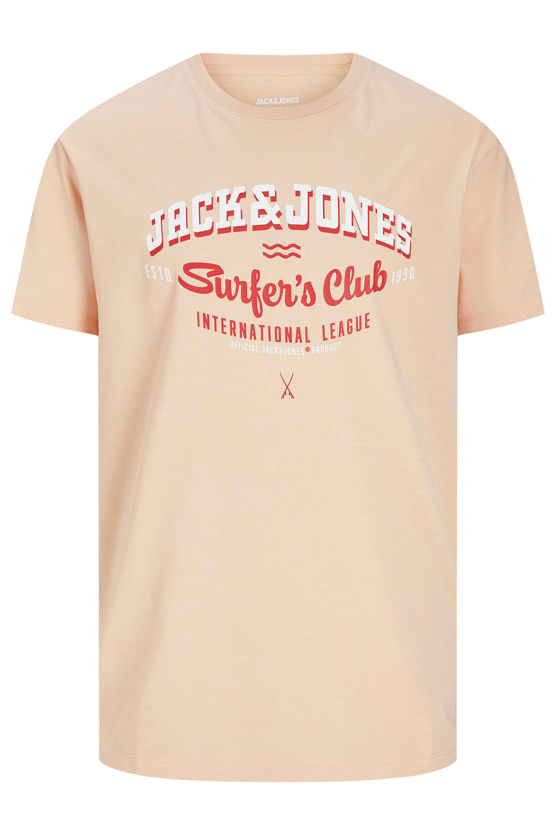 JACK & JONES Big & Tall Peach Orange 'Surfer's Club' Printed T-Shirt | BadRhino 2
