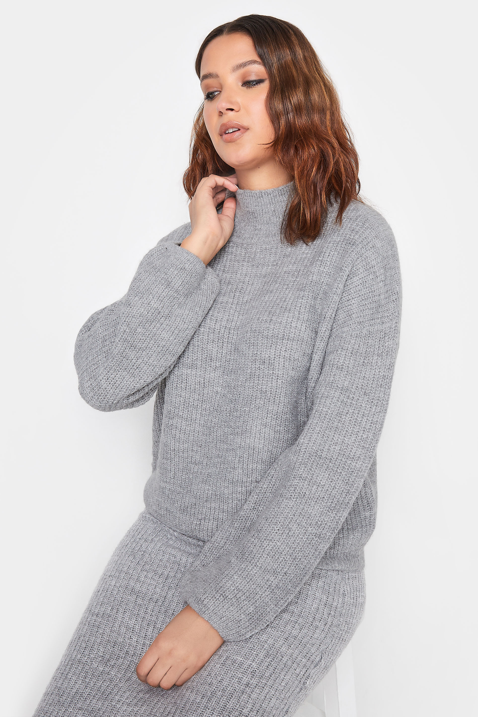 LTS Tall Grey Funnel Neck Knitted Jumper | Long Tall Sally  1