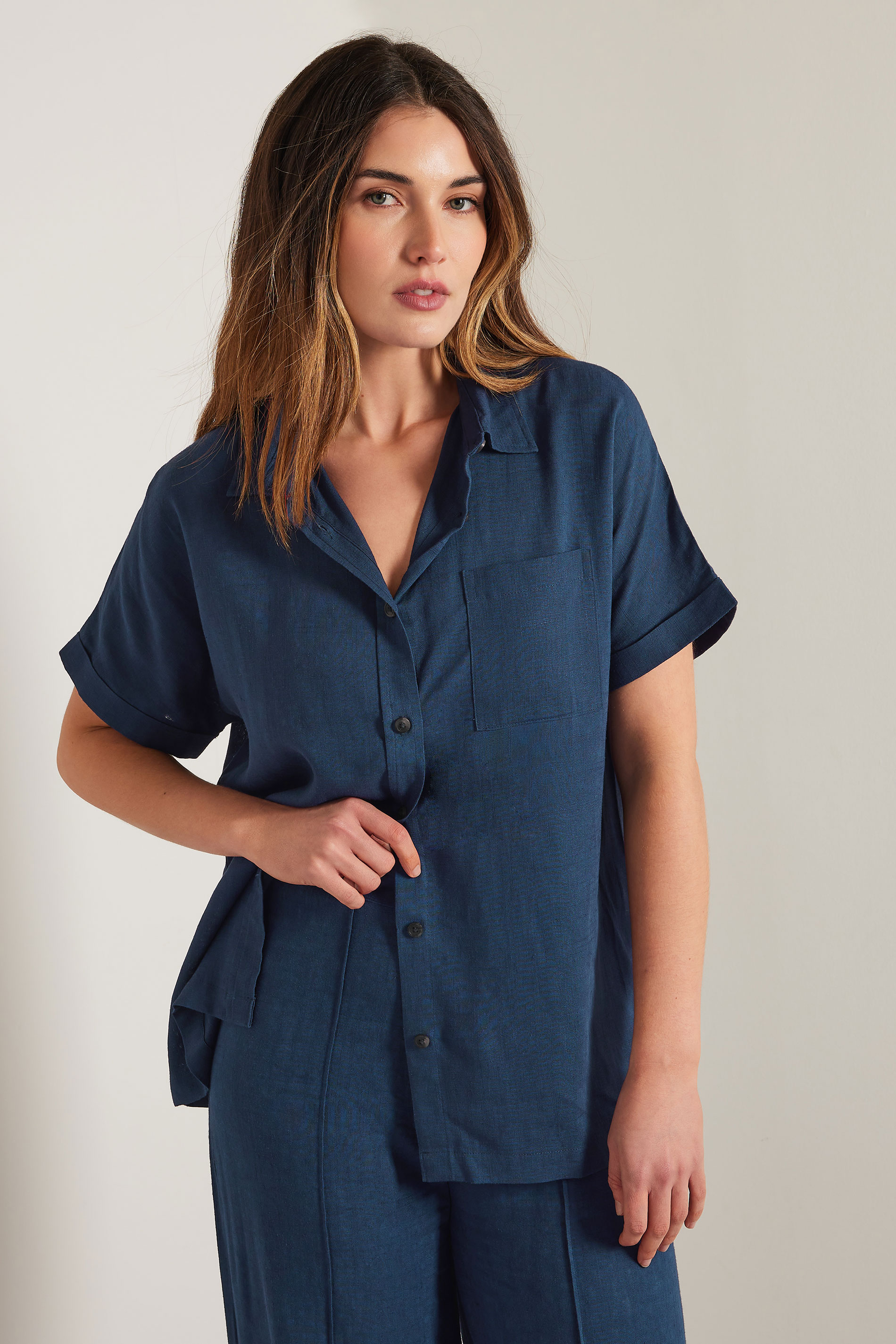 LTS Tall Navy Blue Linen Oversized Short Sleeve Shirt | Long Tall Sally 3