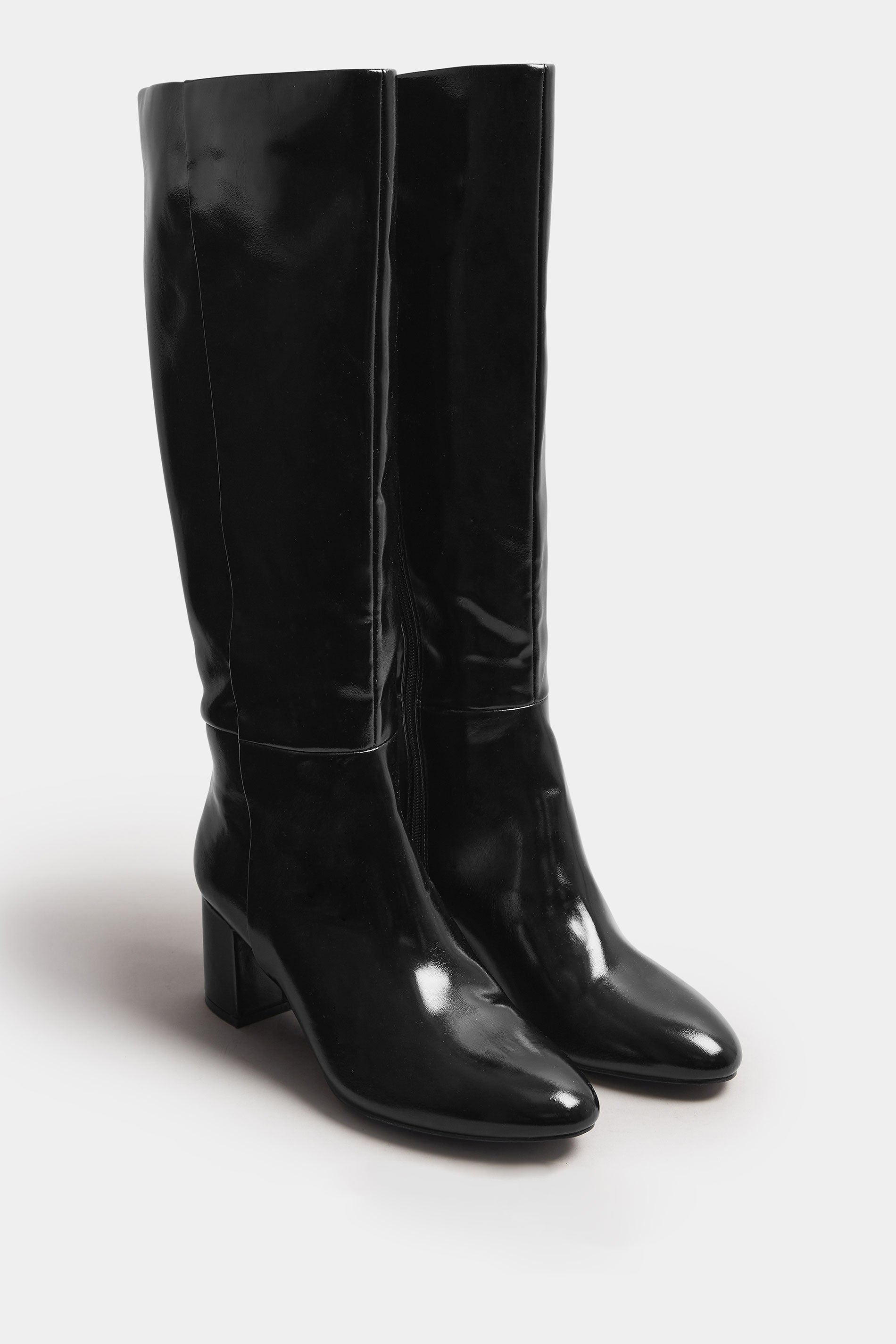 LTS Black Patent Knee High Block Boots In Standard Fit | Long Tall Sally 2