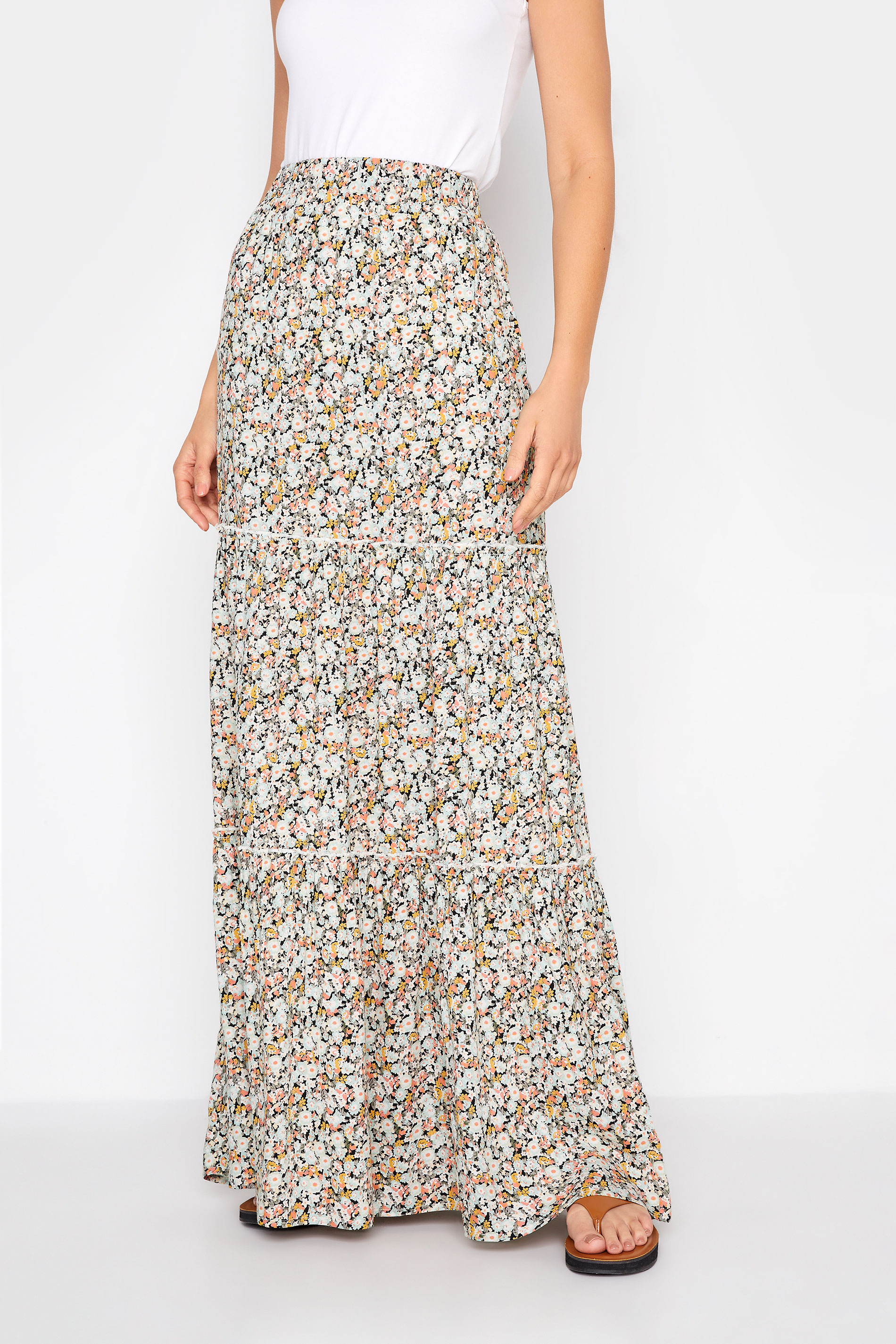 Tall Women's LTS Beige Brown Floral Tiered Maxi Skirt | Long Tall ...