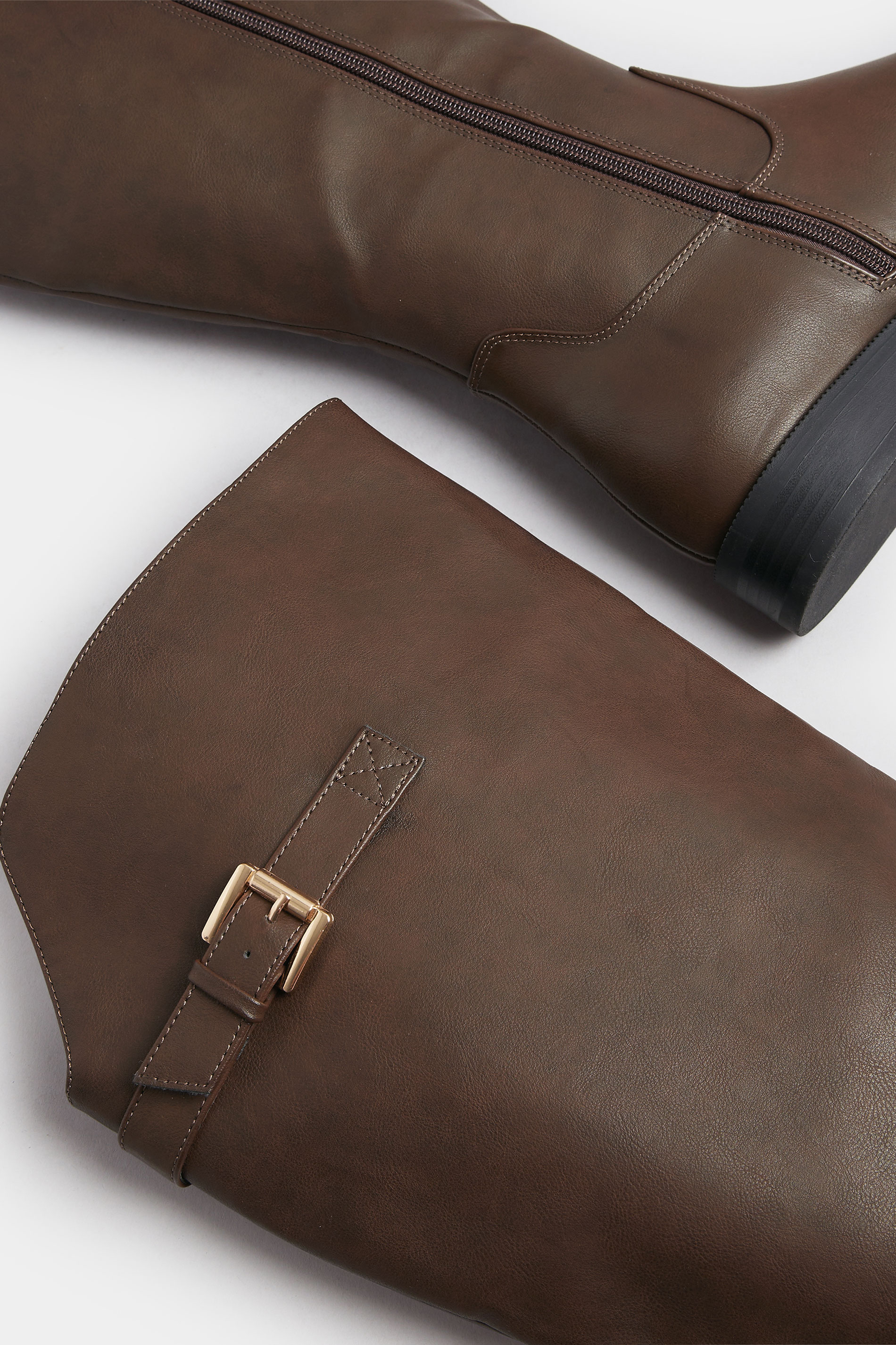 Brown Faux Leather Buckle Detail Knee High Boots In Extra Wide EEE Fit | Yours Clothing 5